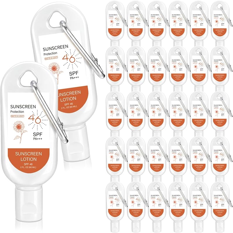 Leelosp 12 Unidades SPF 46 Mini Protector Solar con Mosquetón 1oz/30ml Multi-pack Protector Solar Resistente al Agua de Viaje para el Día de la Madre de la Mujer Suministros de Regalo de Viaje a la Playa de Verano Ducha de Novia de Boda Regalo de Agradecimiento para Invitados