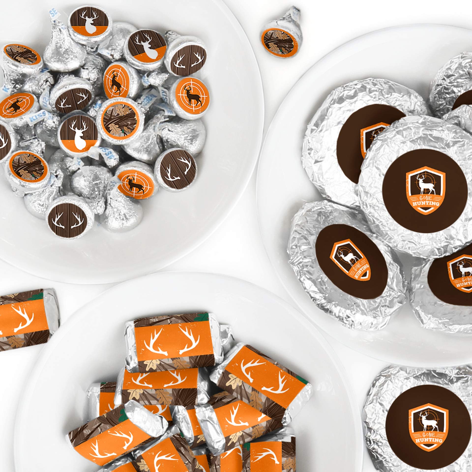 Big Dot of Happiness Gone Hunting - Mini Candy Bar Wrappers, Round and Circle - Deer Hunting Camo Baby Shower or Birthday Party Favor Sticker Kit - 304 Pieces