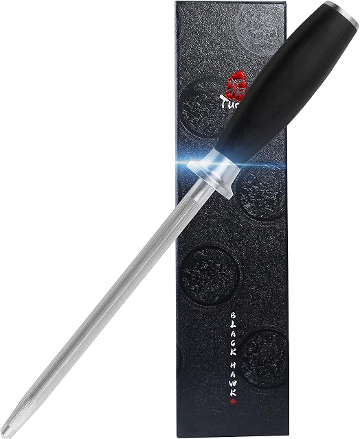TUO Honing Steel Manual Knife Sharpener 8 inch German High Carbon Stainless Steel Sharpening Rod with Pakkawood Handle-Black Hawk Series