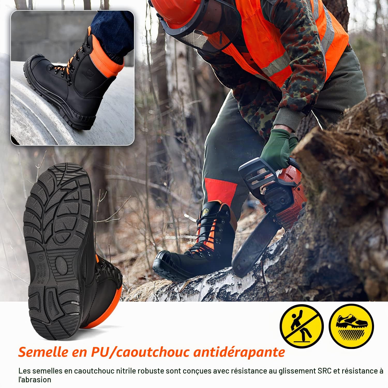 SAFETOE Bottes de protection de sécurité pour tronçonneuse Classe 1 avec bout en acier véritable de vache robuste Cuir à mémoire de forme Semelle intérieure en mousse à mémoire de forme Coupe sur bois