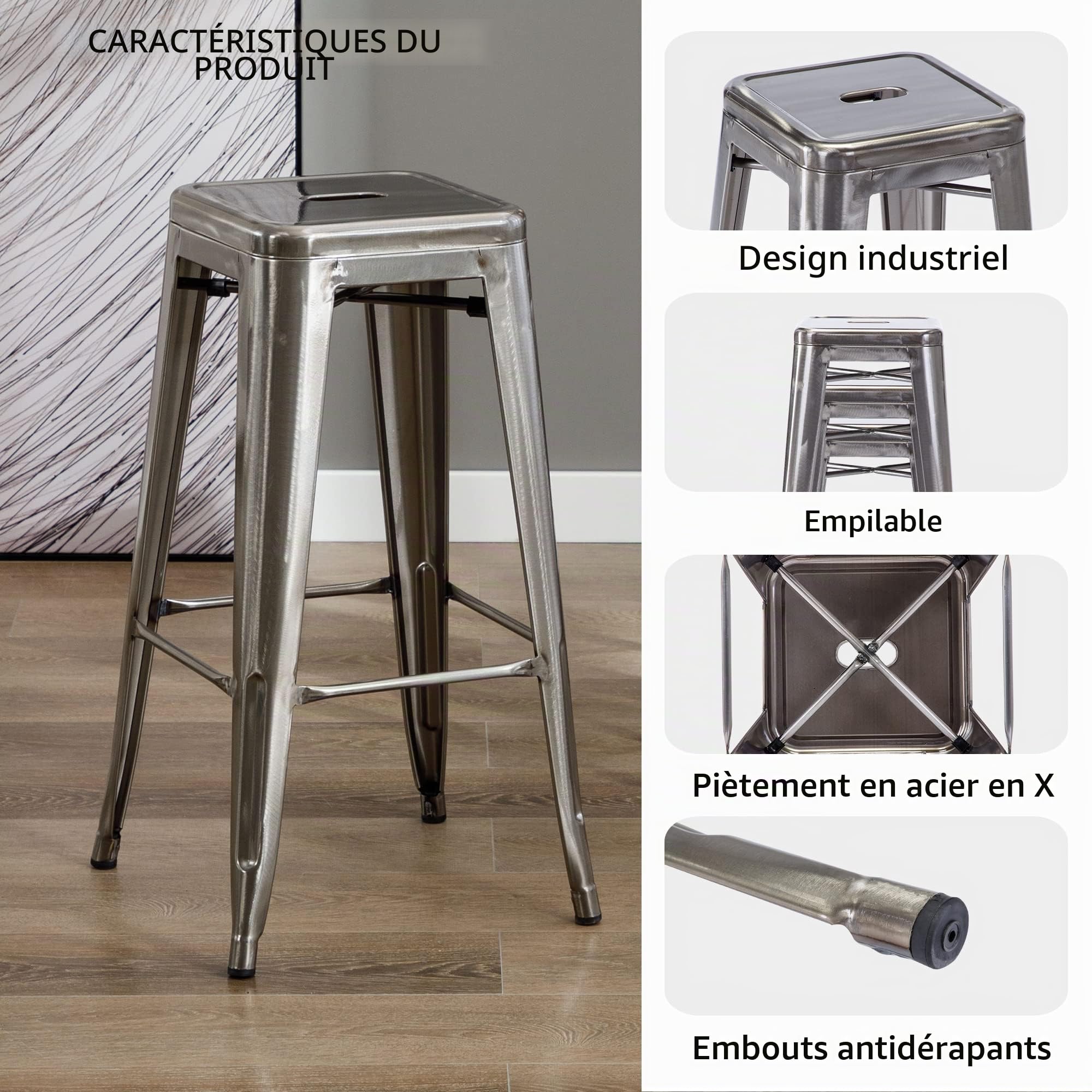 DUHOME Tabouret de Bar Industriel Chaise Salle à Manger Lot de 2 Tabouret Empilables Siège Bistrot Cadre en Métal pour Cuisine Restaurants (Métallique, 76cm)