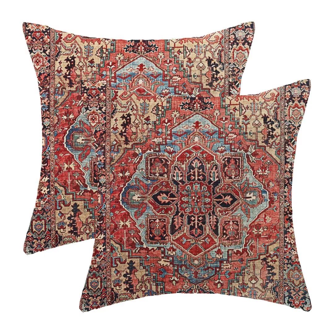 AEIOAE Boho Pillow Covers 18x18 Set of 2 Red Boho Vintage Style Decorative Throw Pillow Outdoor Linen Square Farmhouse Decor Retro Cushion Cover for