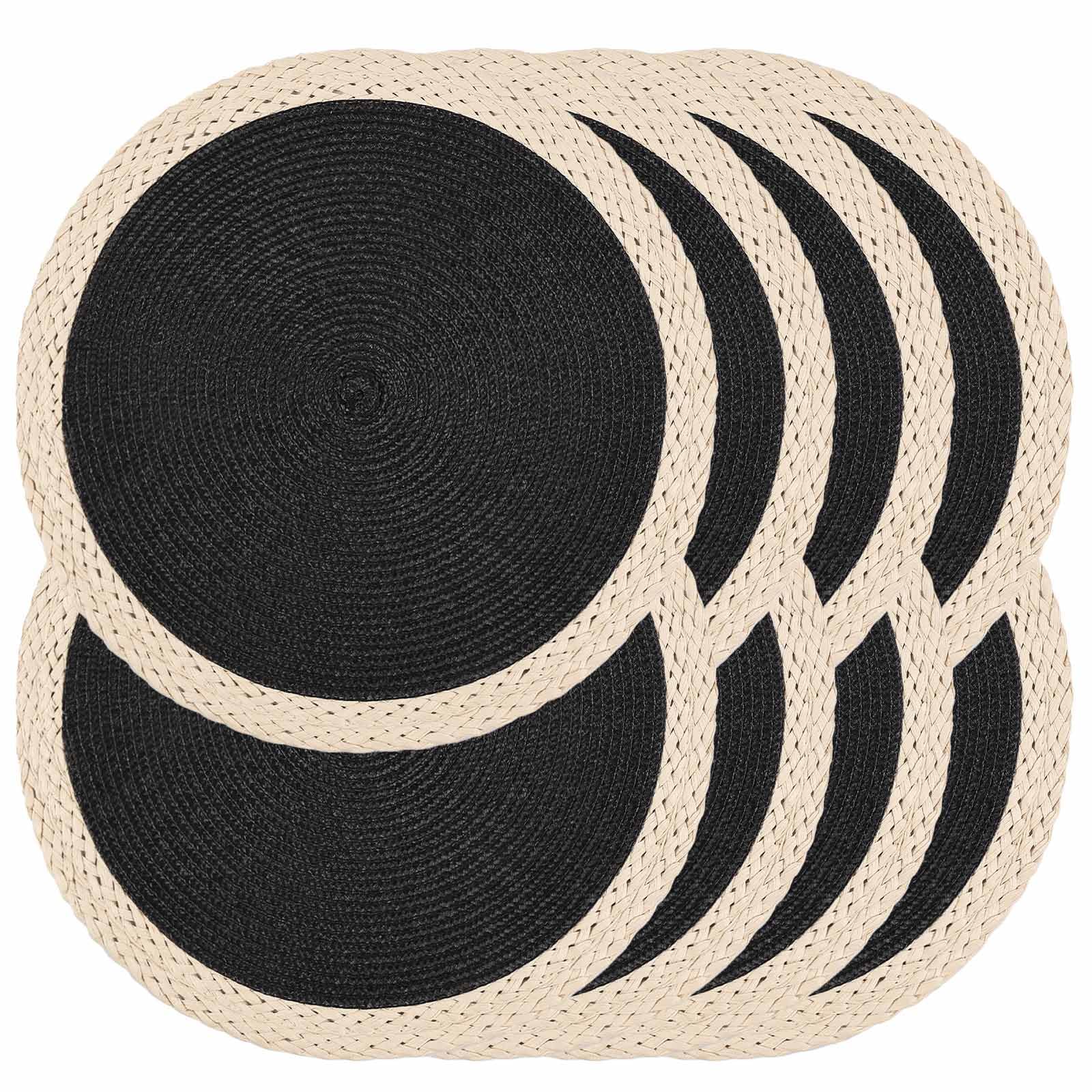 Noctiflorous Round Braided Placemats Set of 8 Table Mats 15 Inches Washable Heat Resistant for Dining Table Non-Slip Indoor Outdoor Place Mats for Easter(01 Beige Edge Black 8)