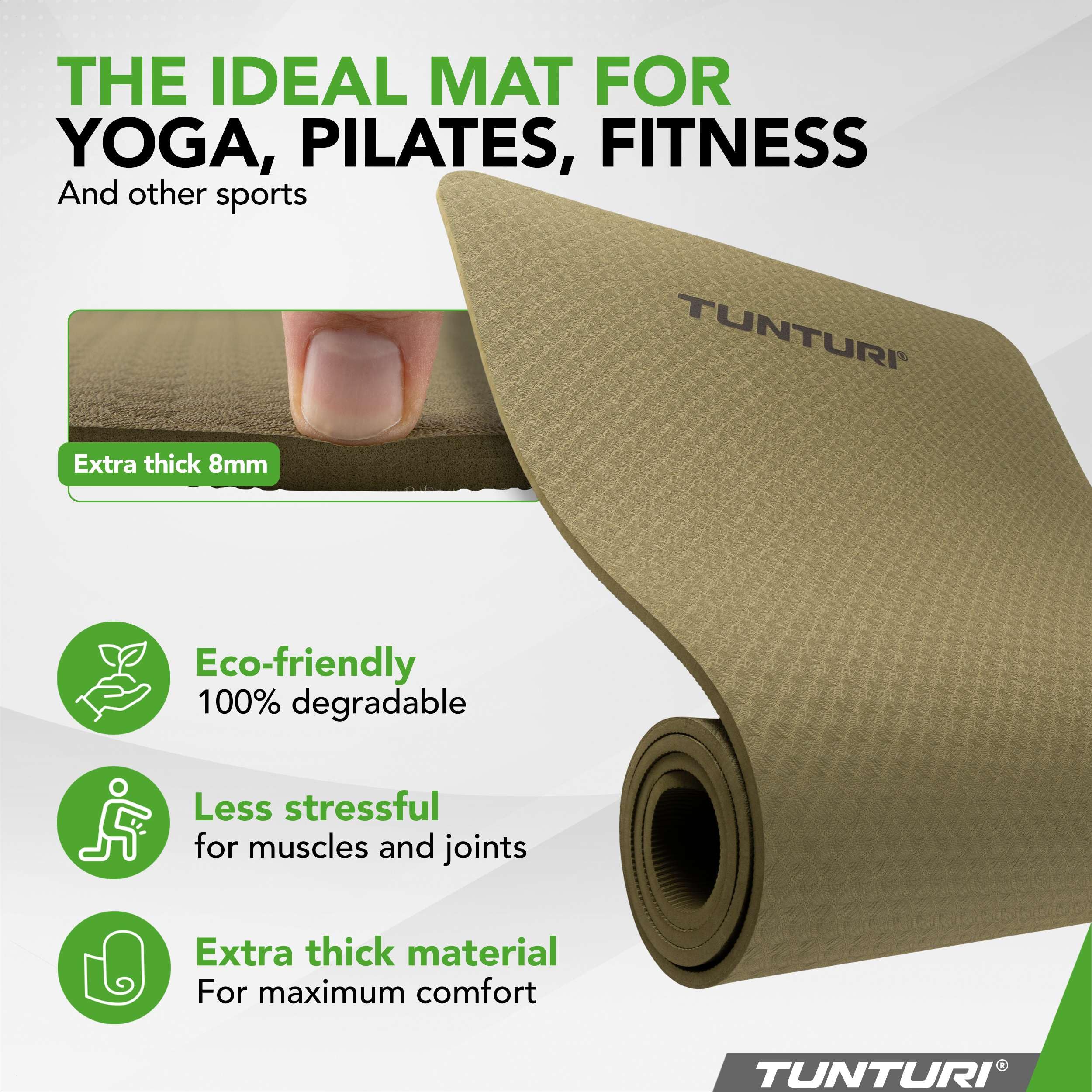 Tunturi Esterilla de yoga gruesa de 8 mm, antideslizante, con correa de transporte, para yoga y pilates, 183 x 61 x 0,8 cm, especialmente cómoda