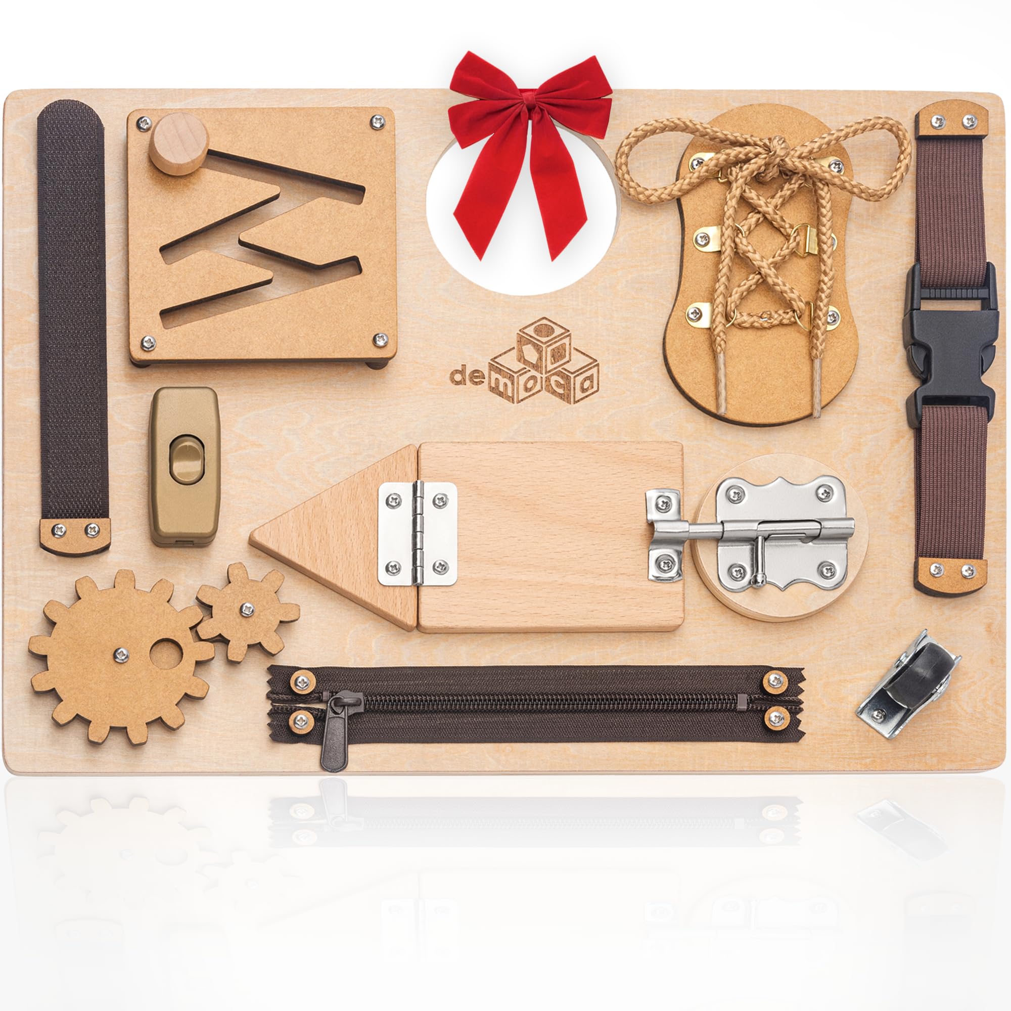 deMoca Sensory Busy Board for Toddlers, Premium Wooden Toddler Busy Board for 1 2 3 Year Old with 10 Educational Activities for Fine Motor Skills, Fidget Activity Toy for Travel Toy