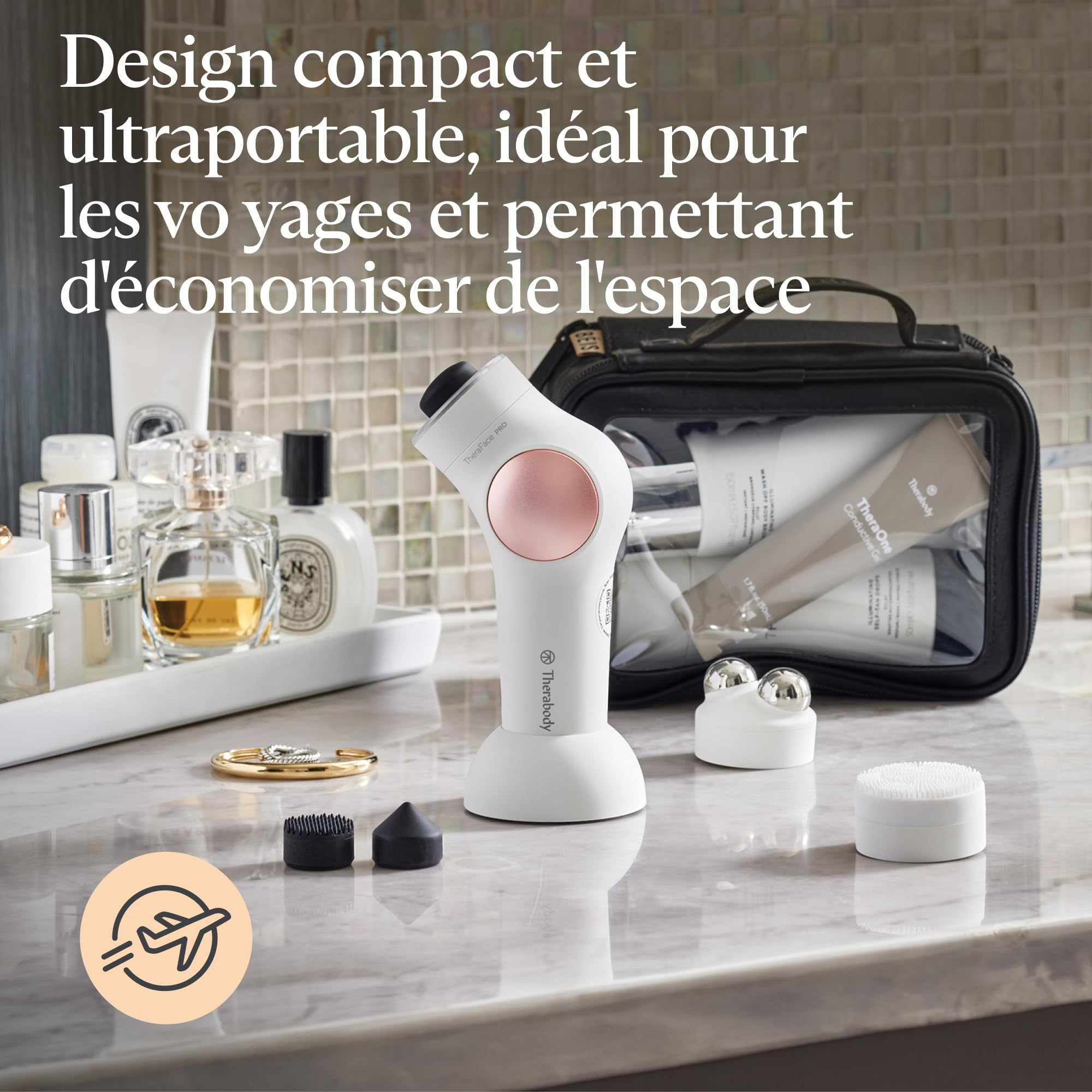 TheraFace PRO - Appareil de massage facial portable - Thérapie électrique pour le visage et les soins de la peau - Traitement 8 en 1 avec anneaux de thérapie par microcourant et lumière LED - Blanc