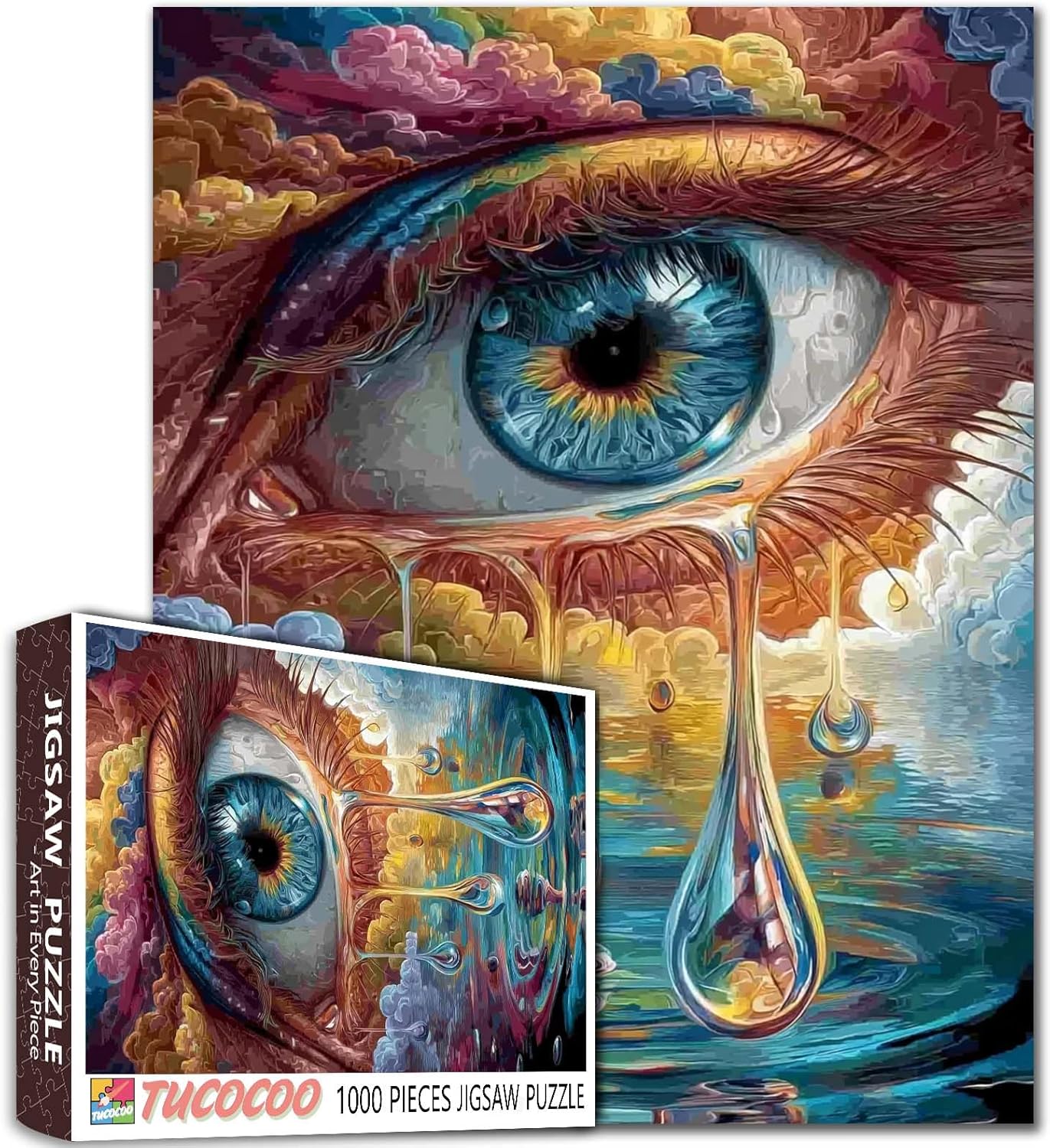 Woman Eye with Tears 1000 Piece Jigsaw Puzzles for Adults Graffitic Girl Eye with Sunflower Painting Jigsaw Puzzle Seascape 1000 Pieces Puzzles Game Wall Decor Human Organ DIY Craft Puzzle Art