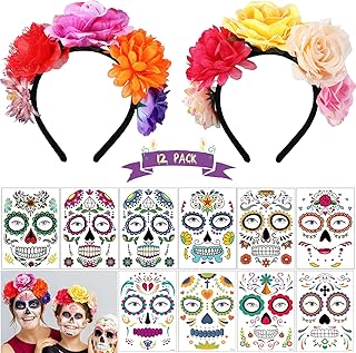 12 Pcs Halloween Temporary Face Tattoos Day of the Dead Headband Day of the Dead Face Tattoos for Women Makeup Day of the Dead Costume Tattoos for Party Sugar Skull Flower Crown Sugar Skull Headpiece