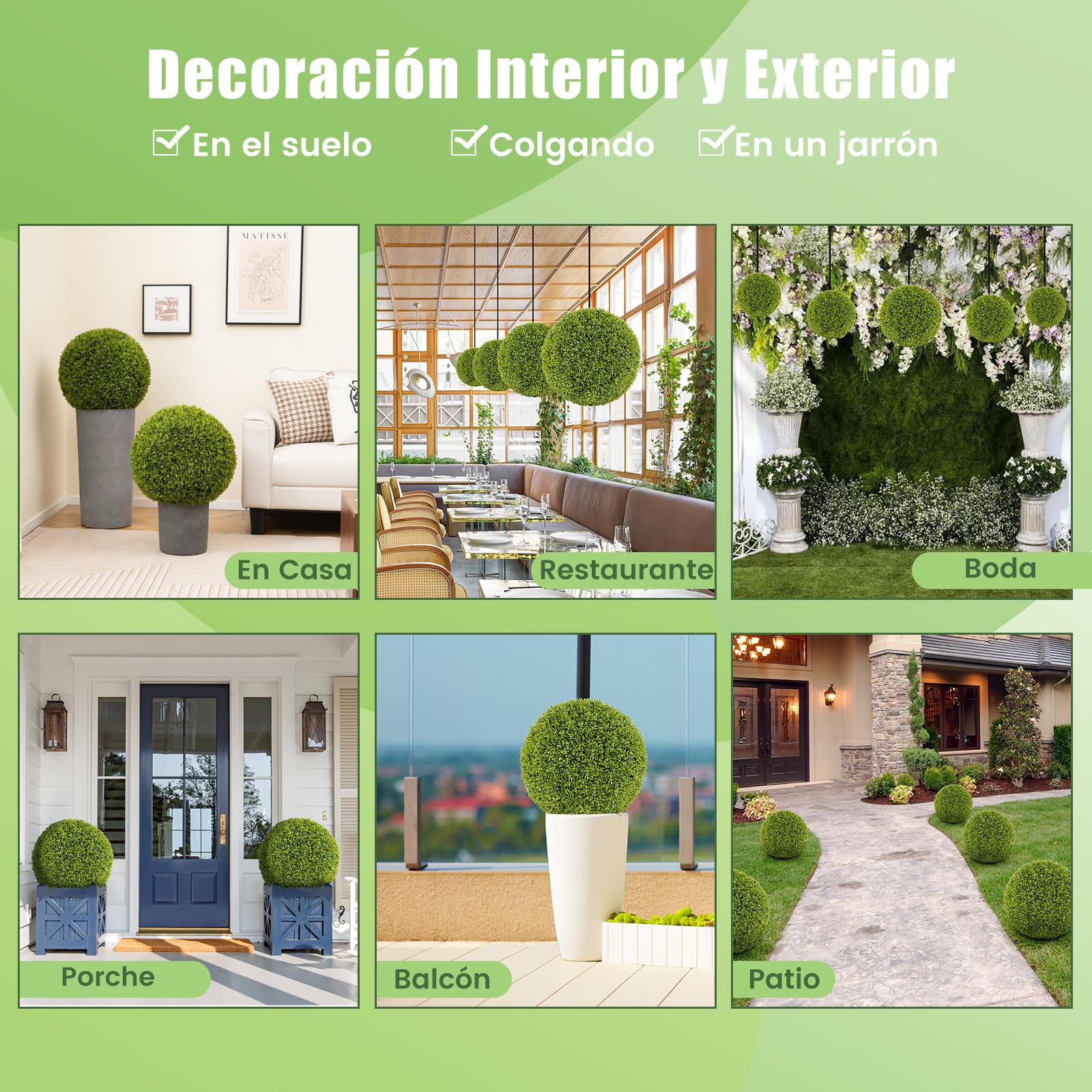 COSTWAY Juego de 2 Bolas de Topiario Artificial de Boj, Bolas de Plantas Falsas para Interior y Exterior, Bolas Topiarias Protectoras contra el Sol, Decoración para Jardín, Hogar y Bodas (50cm)