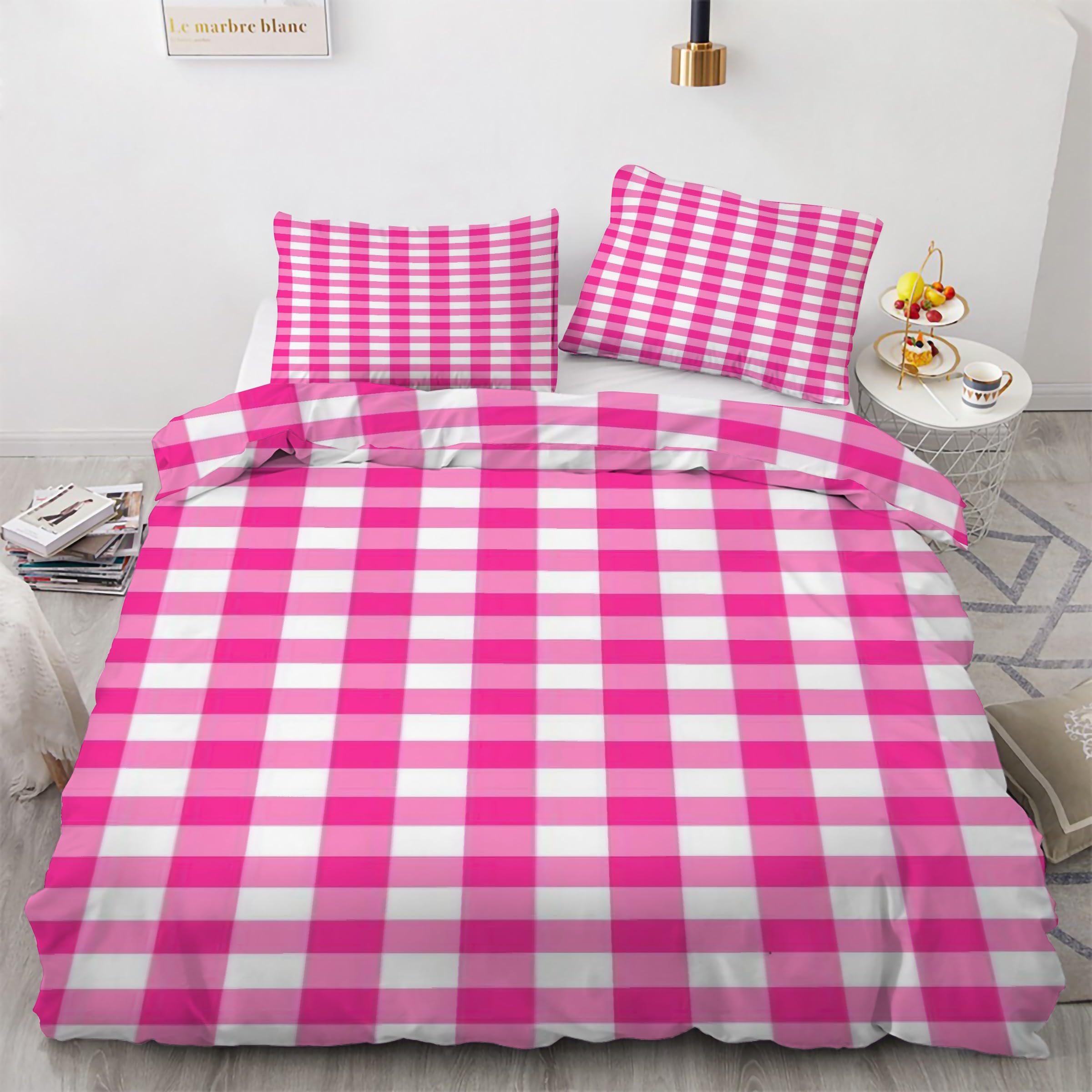 Housse de couette 220x240 rouge prune parure de lit treillis 3 pièces avec zip