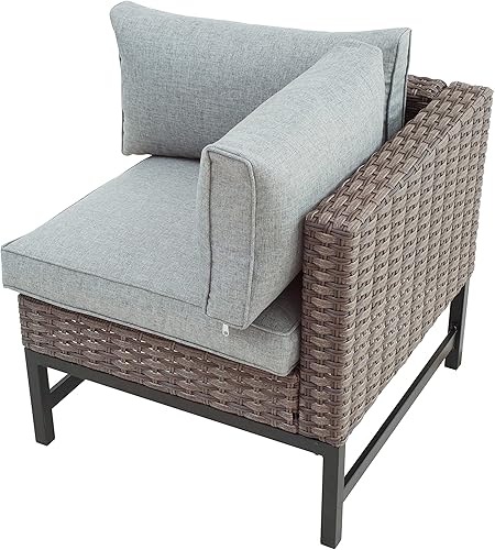LOKATSE HOME Outdoor Wicker Corner Sofa Patio Rattan Furniture Metal Frame Left Armrest Chair with Cushion, Grey