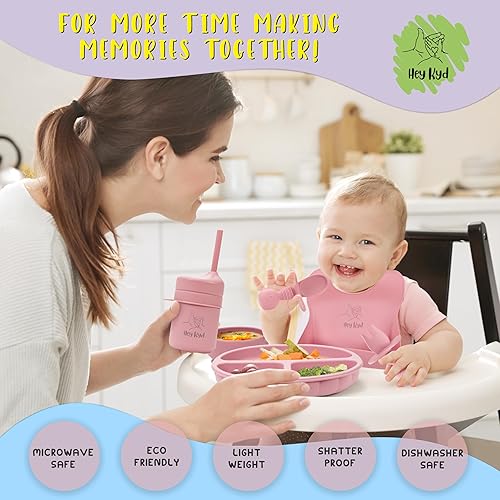 Miniatura 5 de Hey Kyd - Juego de 8 piezas Baby Essentials de silicona para bebés para el destete LED del bebé. Imprescindible para bebés de 6 meses! Platos para