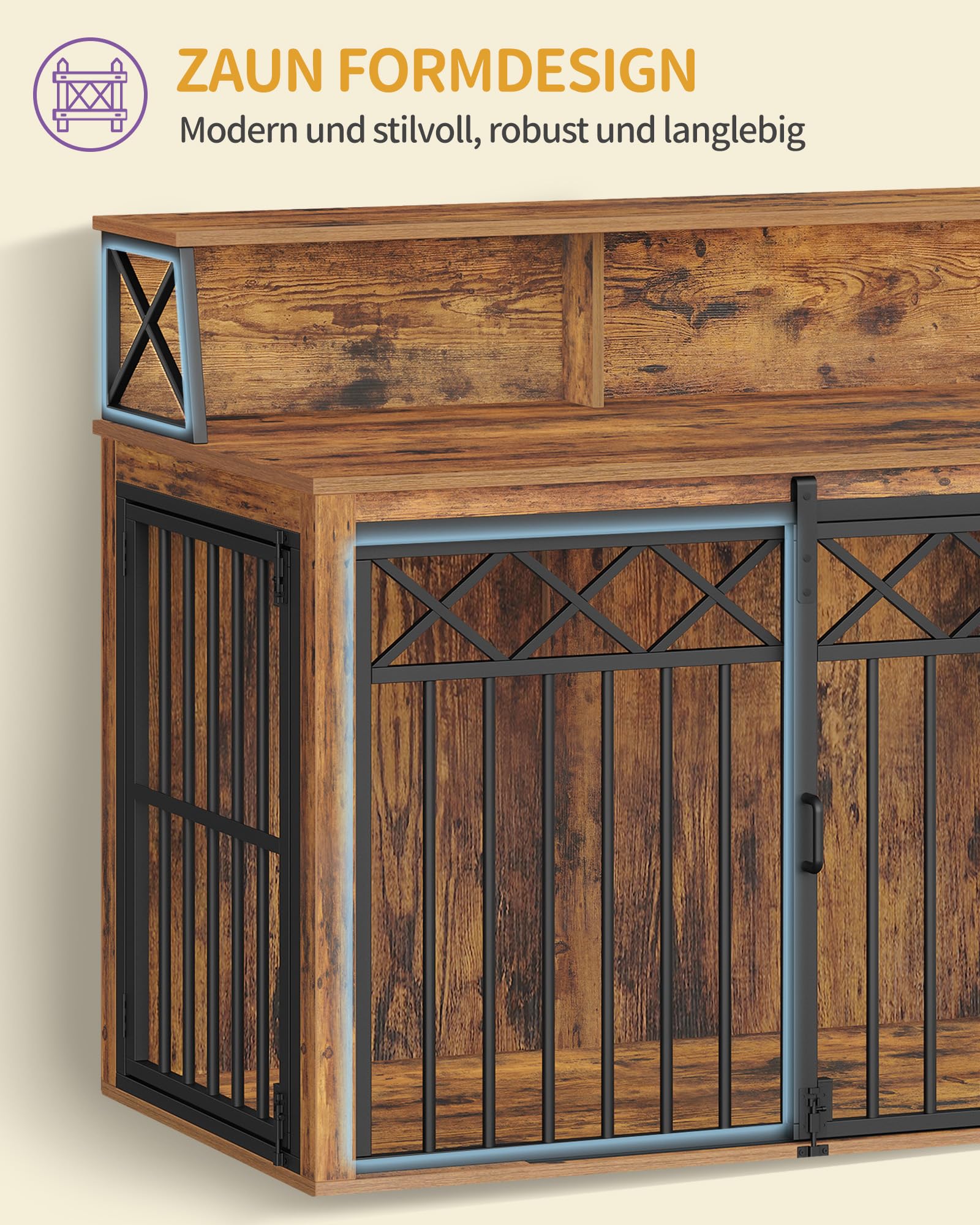 Hzuaneri Hundekäfig Möbel mit Lagerregal, Dreitürige Hundebox für Zuhause, Indoor Kennel mit Scheunentür, Beistelltisch, Geeignet für Mittlere/Große Hunde, 100 x 60 x 86 cm, Vintage Braun DFC87401B