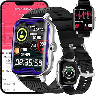 Blood Glucose Smart Watch for Men, Non-Invasive Blood Glucose Test Smart Watch, Answer/Make Call Smartwatch with Blood Pressure Heart Rate Blood Oxygen Calorie Step Counter Fitness Tracker (Color : B