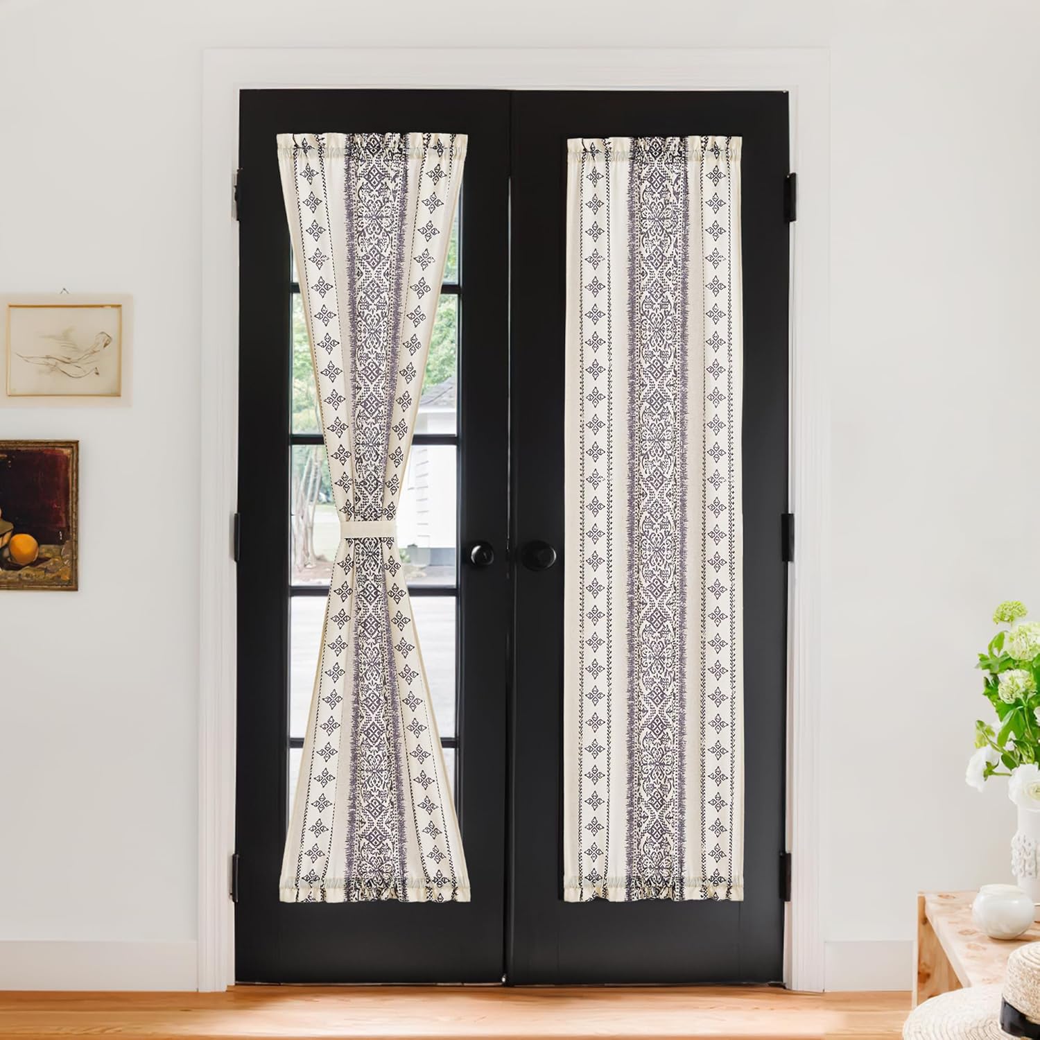 NICETOWN Linen French Door Curtain for Window, Farmhouse Boho Striped Shade 72 Inch Long Bohemian Front Back Panel Privacy Cover Tieback Included 1 Panel, Natural, 26" W x 72" L