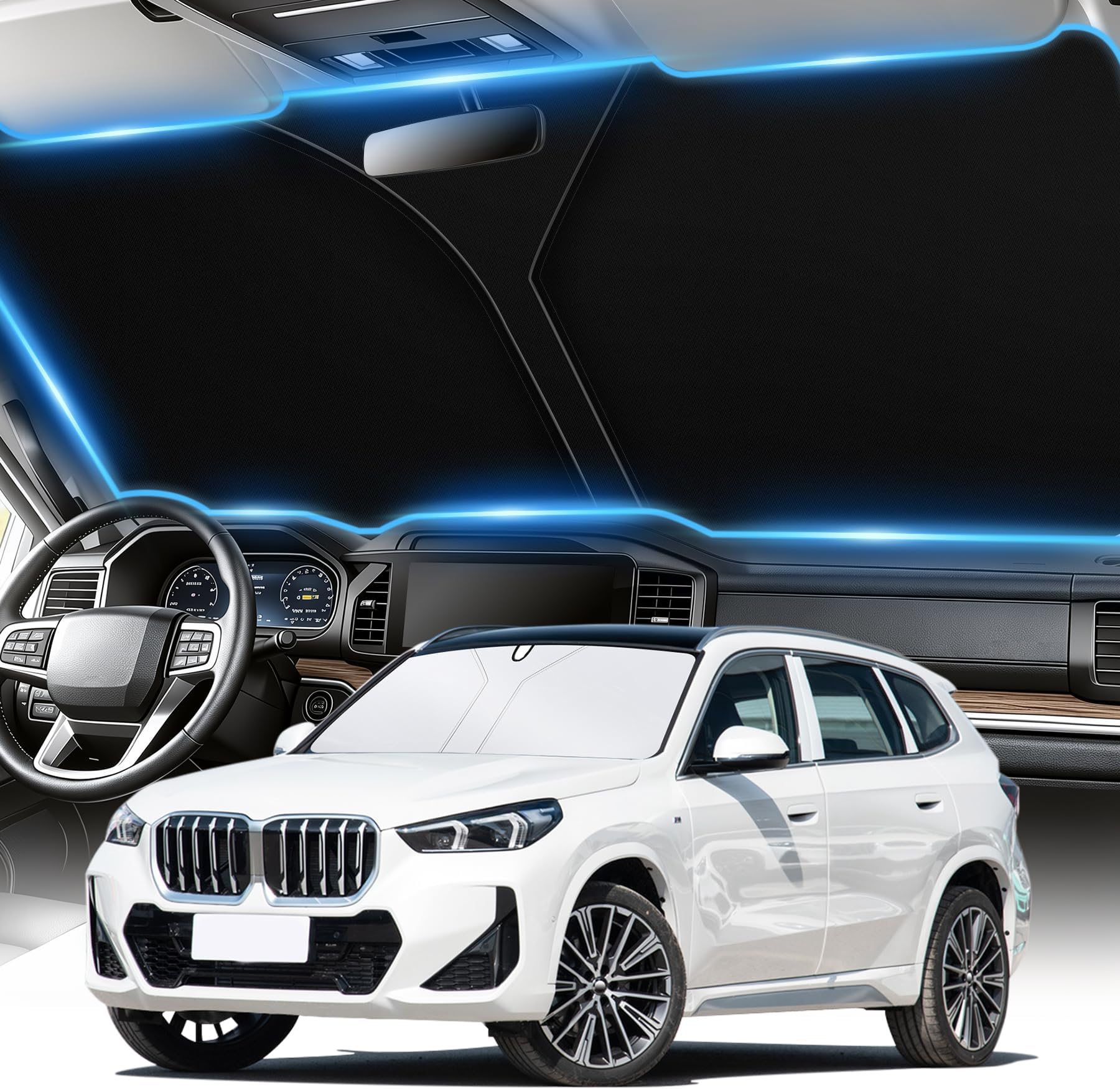 Universal 300T Car Windshield Sun Shade, Foldable Reflective for Windshield & Window Shades with Overlapping Design, Car Interior Accessories