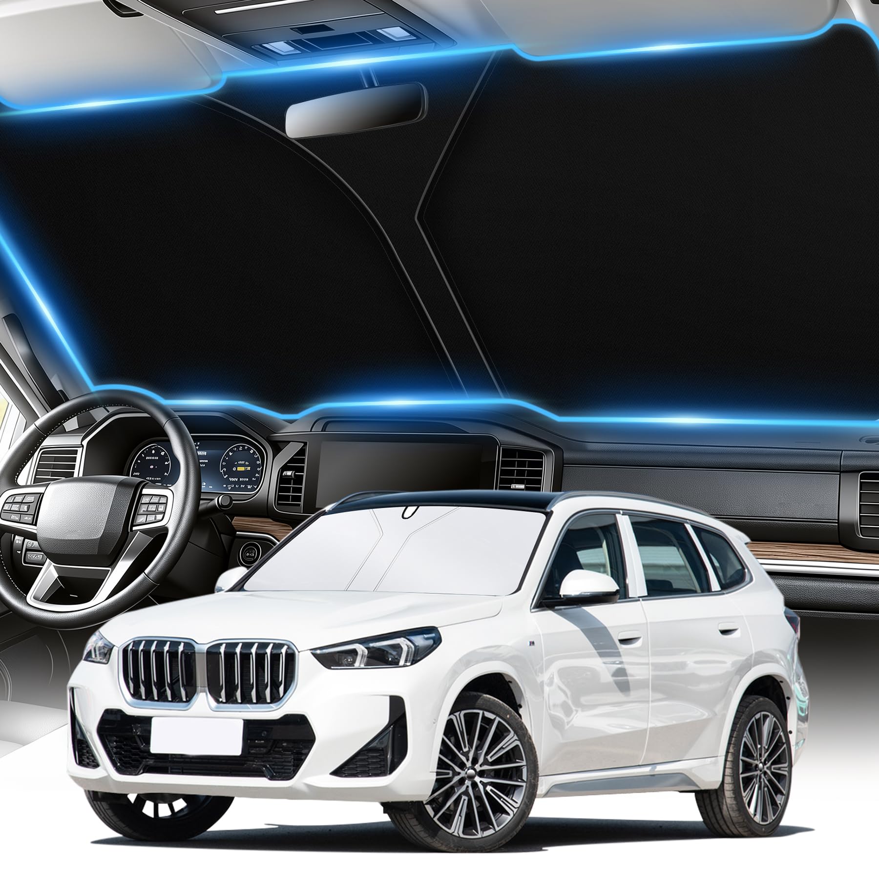 SINGARO Universal 300T Car Windshield Sun Shade, Foldable Reflective for Windshield & Window Shades with Overlapping Design, Car Interior Accessories (64.5" L x 33" W) Big SUV