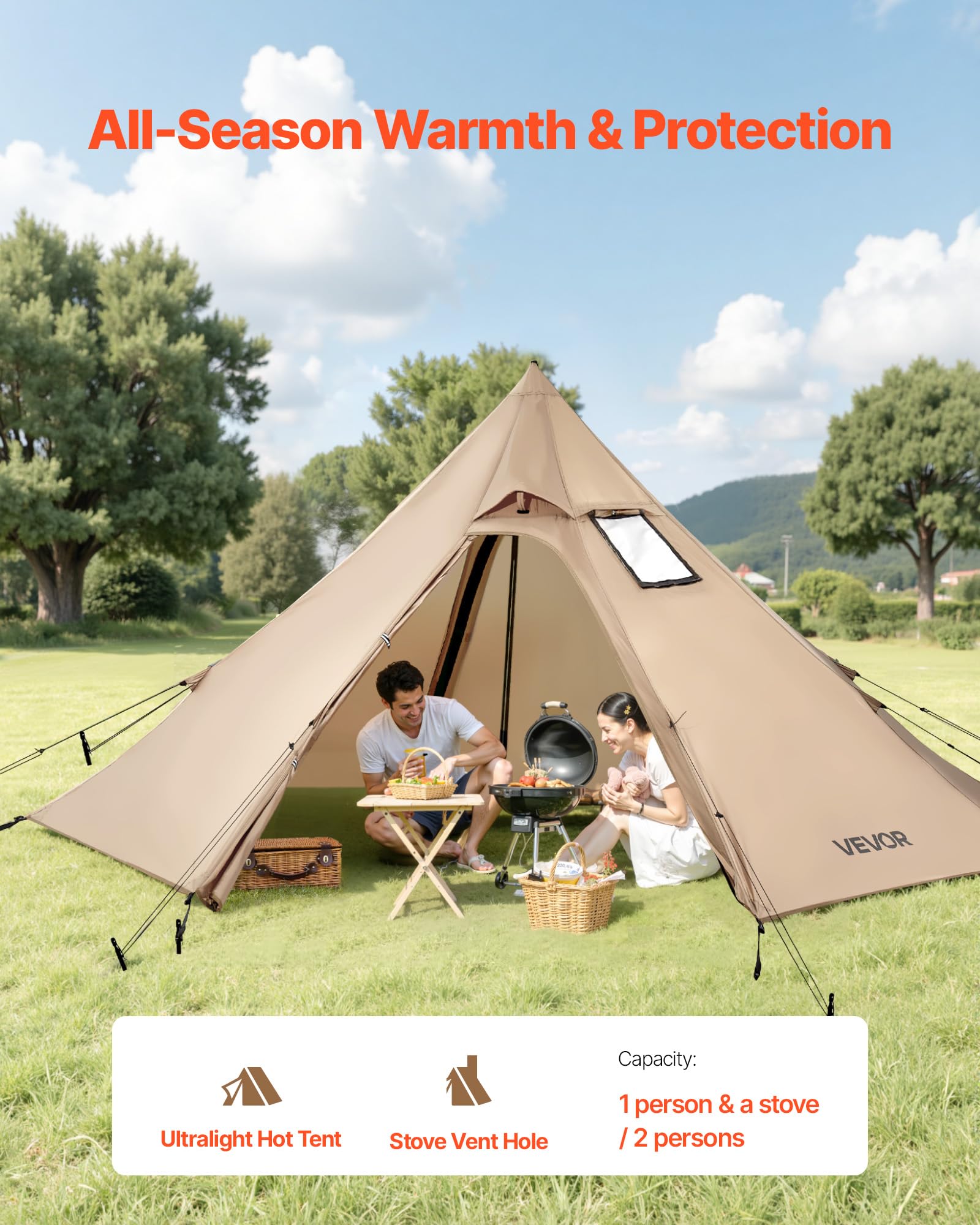 VEVOR Tipi przenośny namiot dla 2 osób, 320 x 320 x 160 cm ze złączem do pieca, wodoodporny namiot stożkowy z płótna na kemping, wędrówki, wędkowanie i plecakiem, rozmiar S