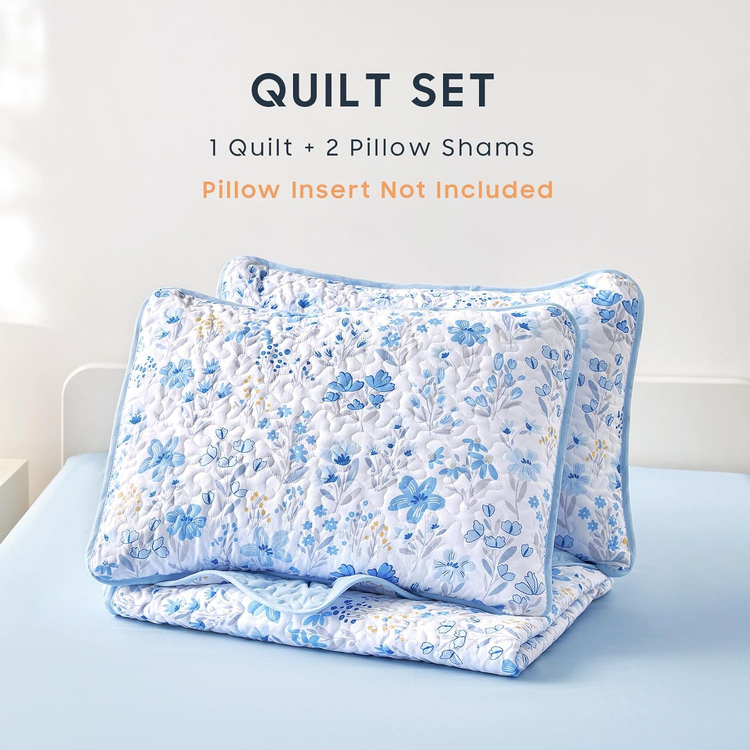 Wake In Cloud - Floral Quilt Set, Coquette Cottagecore Shabby Chic Flower for Women Teen Girls, Reversible Lightweight Bedspread Coverlet, 3 Pieces, Blue White, Twin/Twin XL Size - Image 2