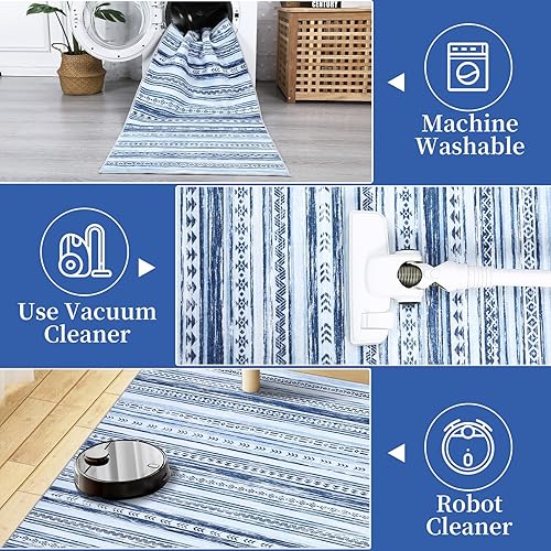 Miniatura 3 de CAREMEE Alfombras bohemias de 2 x 3 pies, alfombras de cocina, antideslizantes, lavables, alfombras de baño, alfombra azul estampada, alfombra