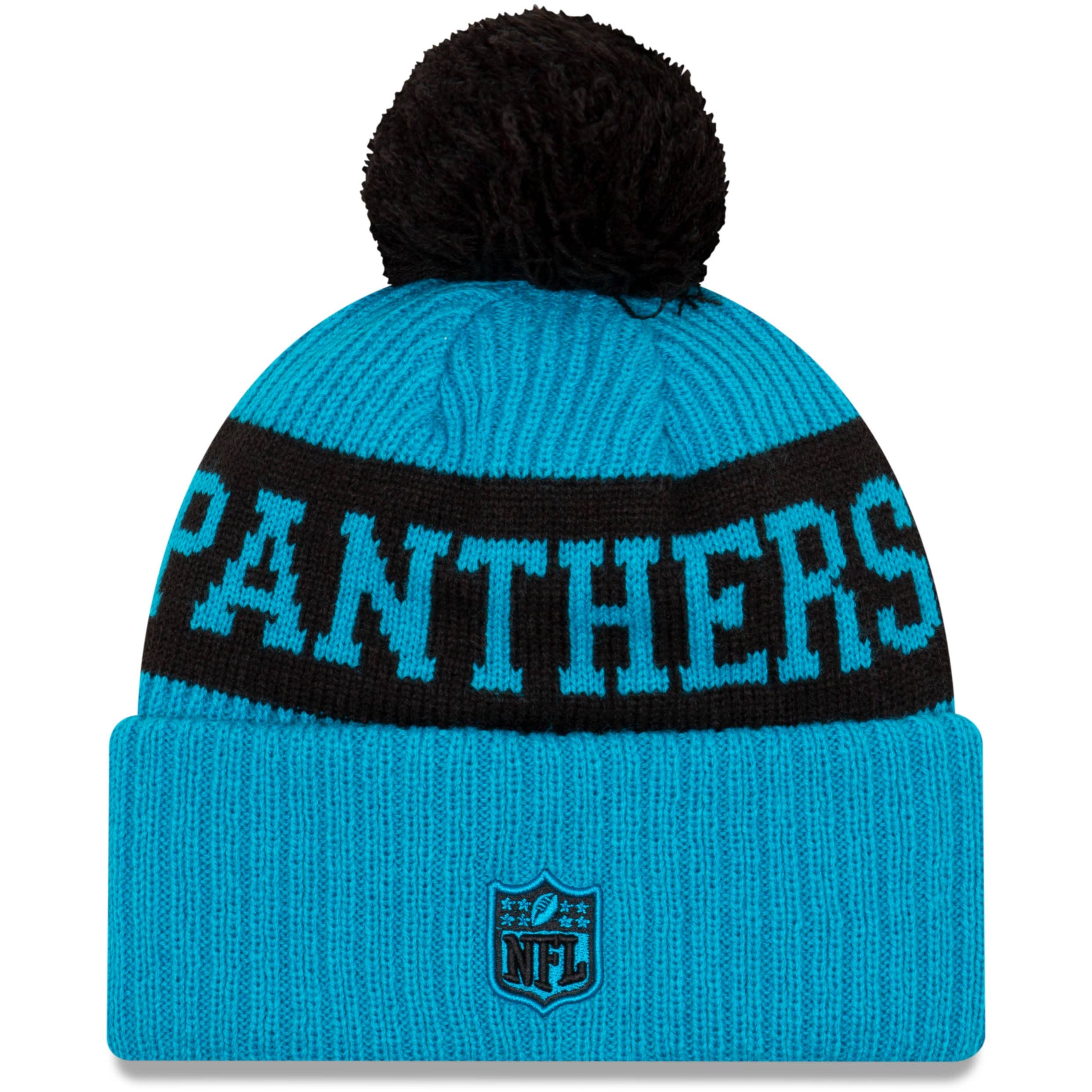 New Era Men's Blue/Black Carolina Panthers 2020 NFL Sideline Sport Pom Cuffed Knit Hat