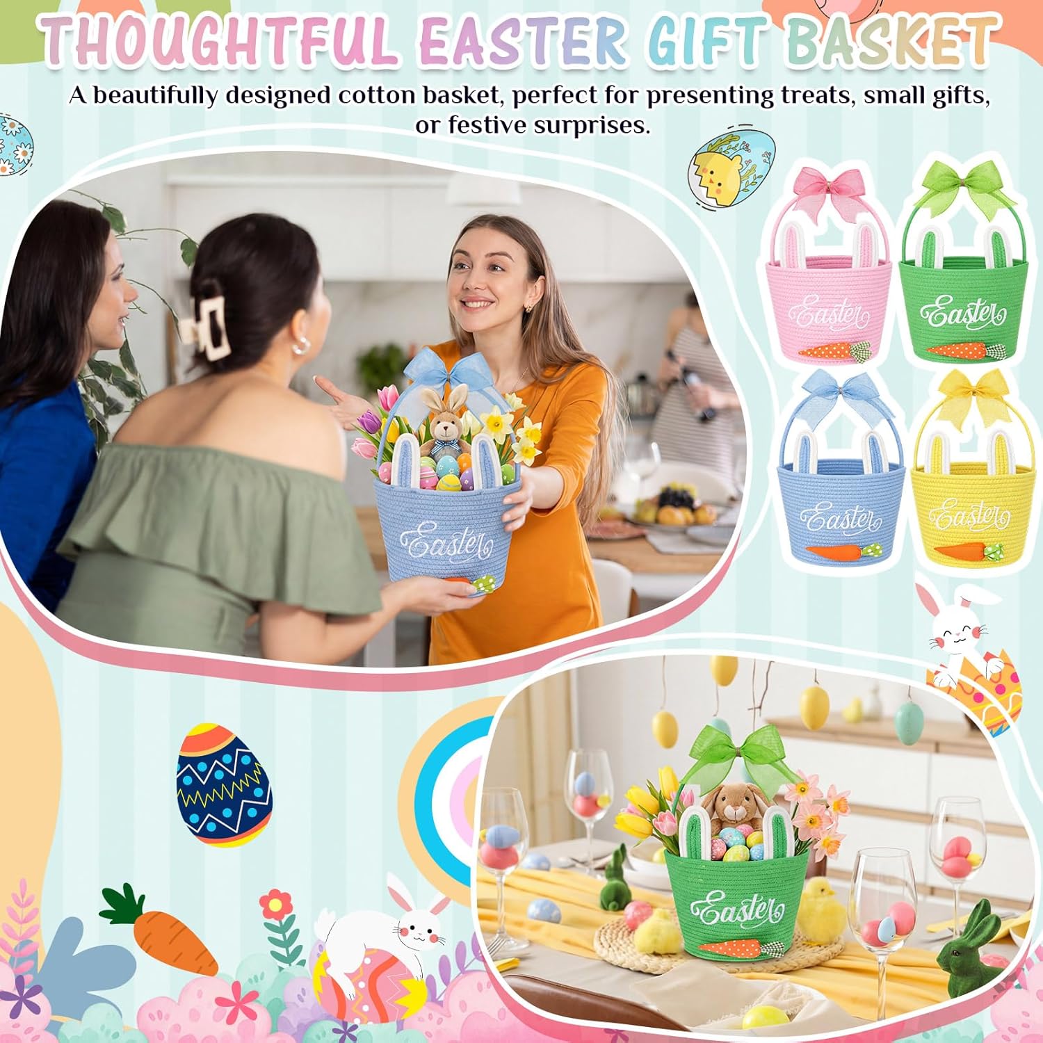 Hushee 4 Pack Easter Bunny Basket Easter Egg Hunt Rabbit Basket with Handle Bow for Candy Gift Storage