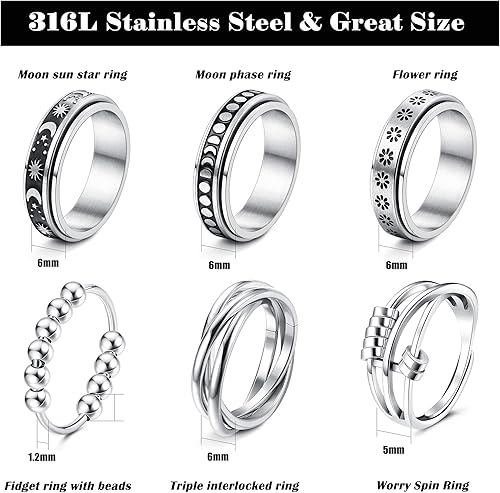 Miniatura 3 de THUNARAZ Anillo de ansiedad de acero inoxidable de titanio para mujeres y hombres, anillos giratorios para ansiedad, juego de anillos de 6 a 0.315