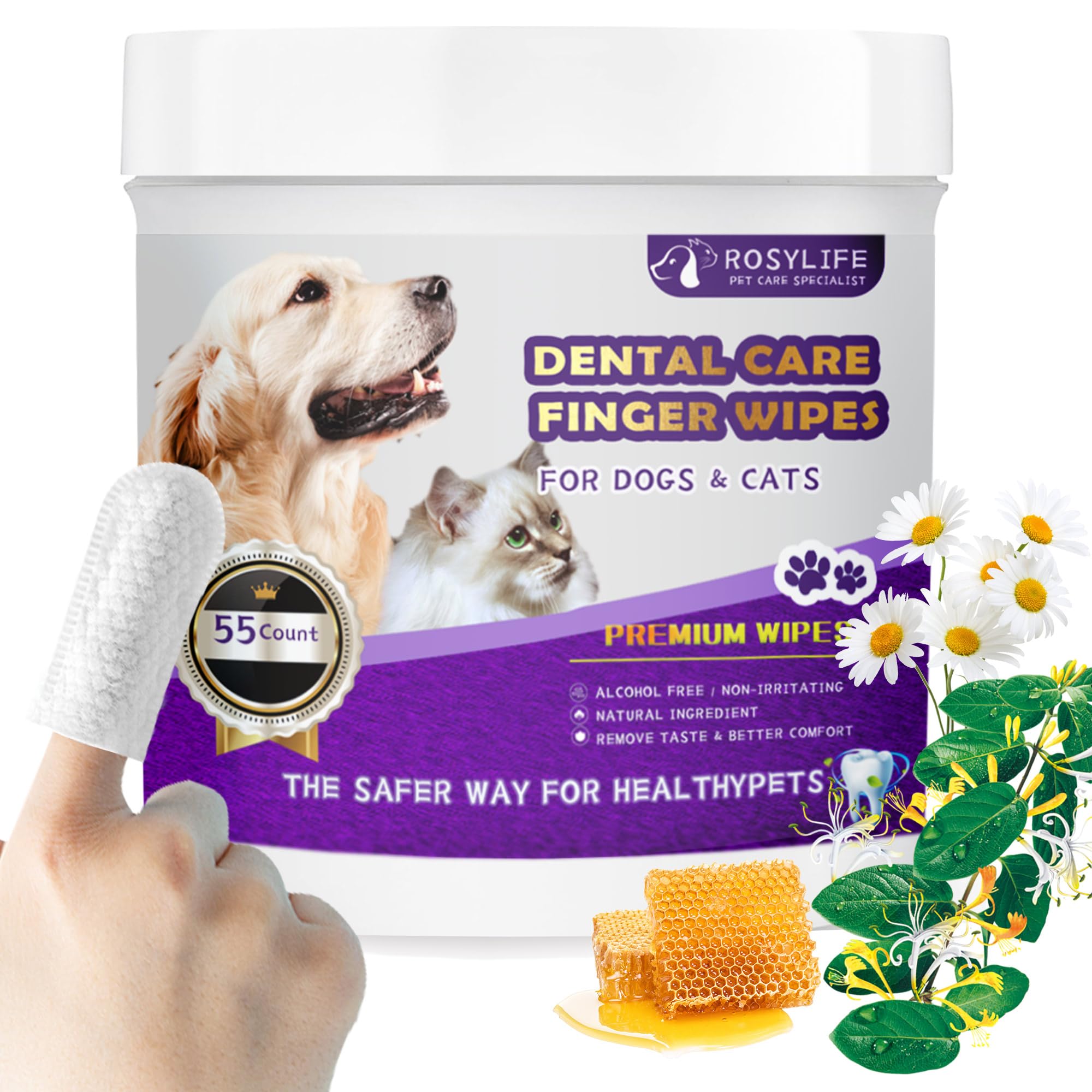 55 Counts Dogs &amp; Cats Dental Care Wipes - Dog Teeth Cleaning Finger Wipes - Dog Tooth Brushing Kit Dental Wipes - Remove Bad Breath by Removing Plaque and Tartar Buildup &amp; Freshens Breath
