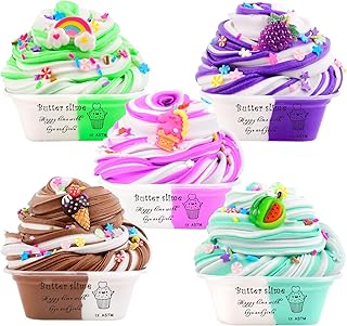 Butter Slime Kit for Girls 5 Pack, Soft & Non-Sticky, Party Favors for Girls and Boys 10-12, with Unicorn Ice Cream etc Slime Charm, Scented Slime Putty Toy for Kids, Stress Relief Sludge Toys