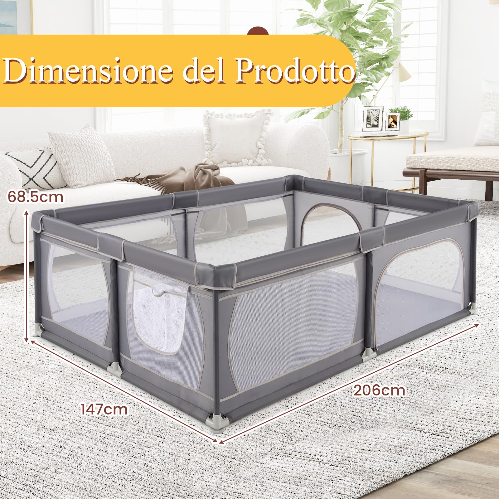 RELAX4LIFE Box Recinto per Bambini, Centro di Attività per Bambini dai 6 Mesi ai 3 Anni (206x147,5cm, E: 50 Palline+ Borsa di Trasporto+Tasca Laterale,GRIGIO)