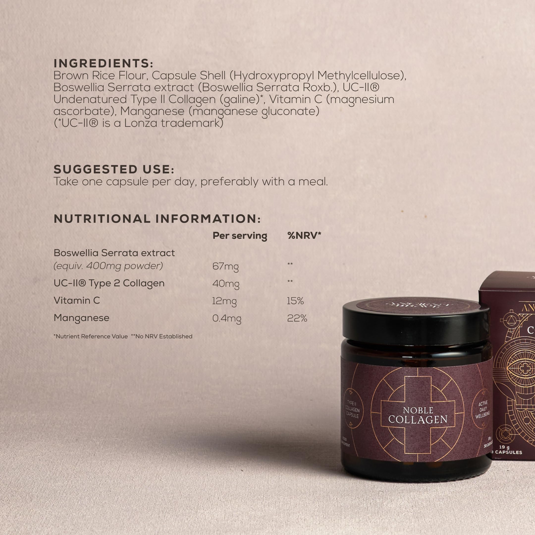 Ancient + Brave Noble Collagen - Integratore Collagene Tipo 2 in Capsule per Articolazioni, Ossa e Legamenti - Con Vitamina C, Boswellia Serrata e Manganese - Senza Glutine, Senza Soia, 30 Capsule