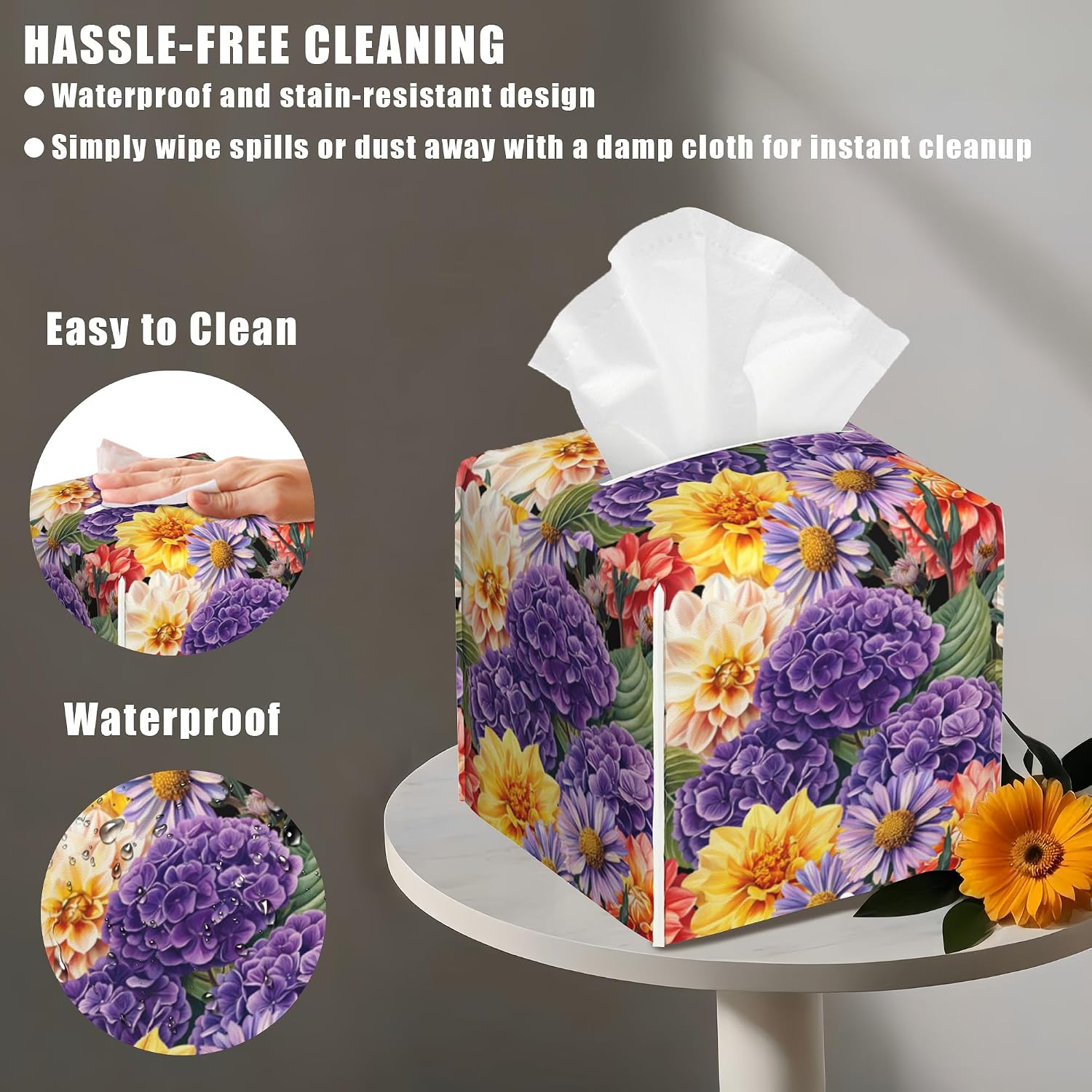 Hydrangea and Dahlia Flower Tissue Box Cover Square, Daisy Tissue Box Holder with Bottom Belt Leather Facial Paper Organizer Dispenser for Bathroom Bedroom Dresser Night Stand Tabletop image 4