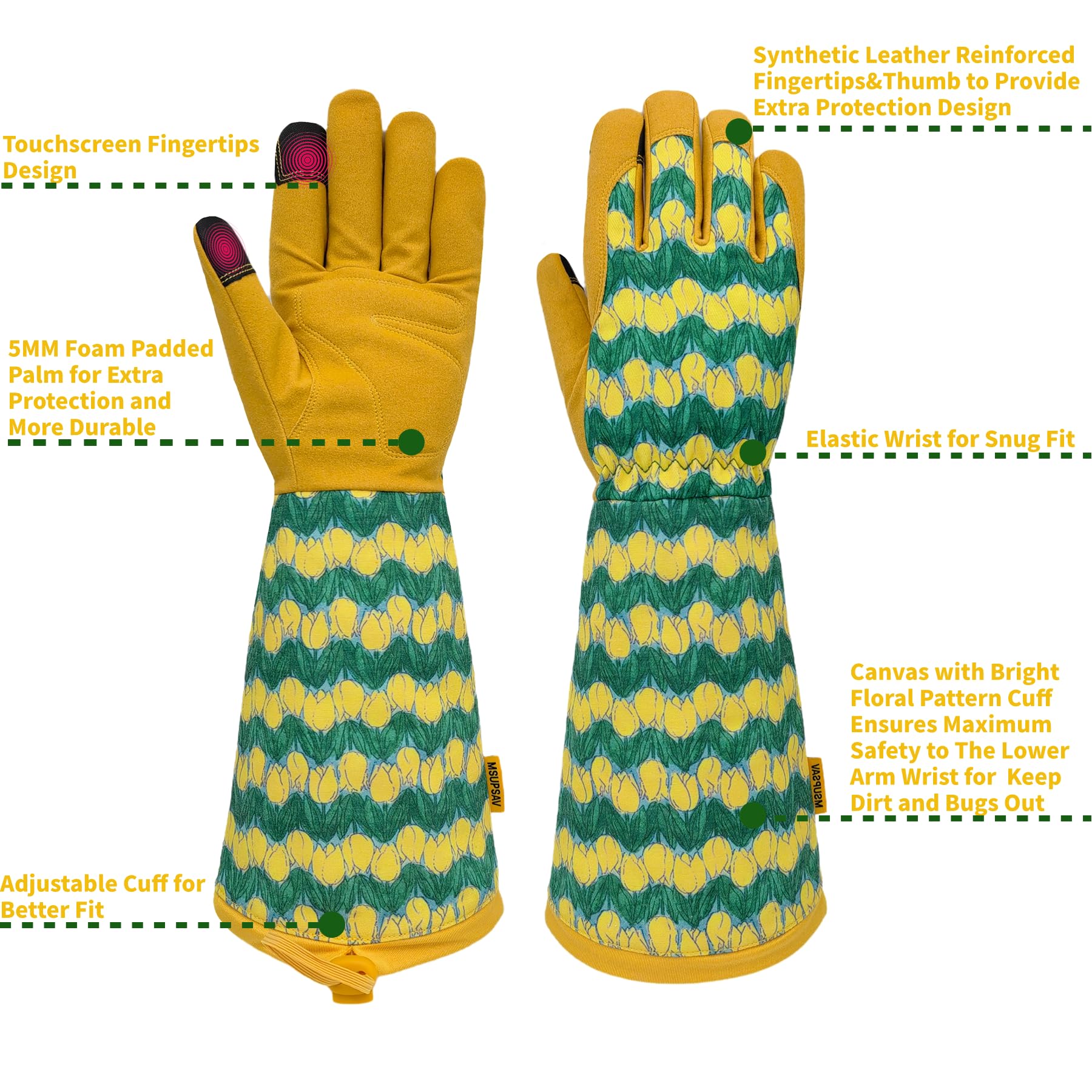 Guantes de jardinería largos para hombre y mujer, guantes de jardín resistentes a espinas, guantes de trabajo de cuero, regalos de jardín y cumpleaños (tamaño L, amarillo)