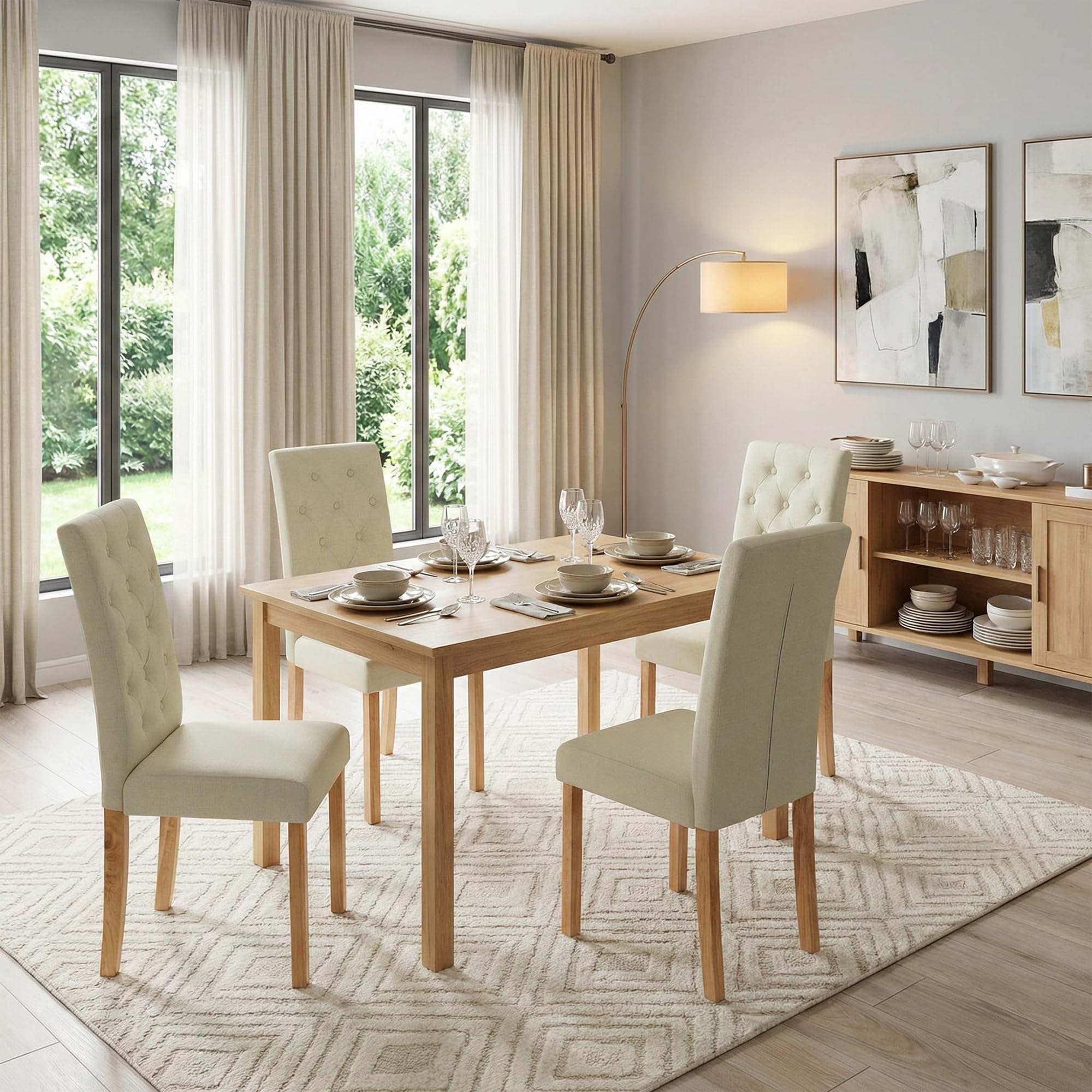 EGGREE Esszimmerstühle 2er Set Beige Leinenoptik Stoff Stühle mit Dicker Sitzfläche & Genähtem Rautenrücken, Stabile Gummibaumholz-Beine, 43,5 x 56 x 98 cm, Moderner Design für Esszimmer & Küche