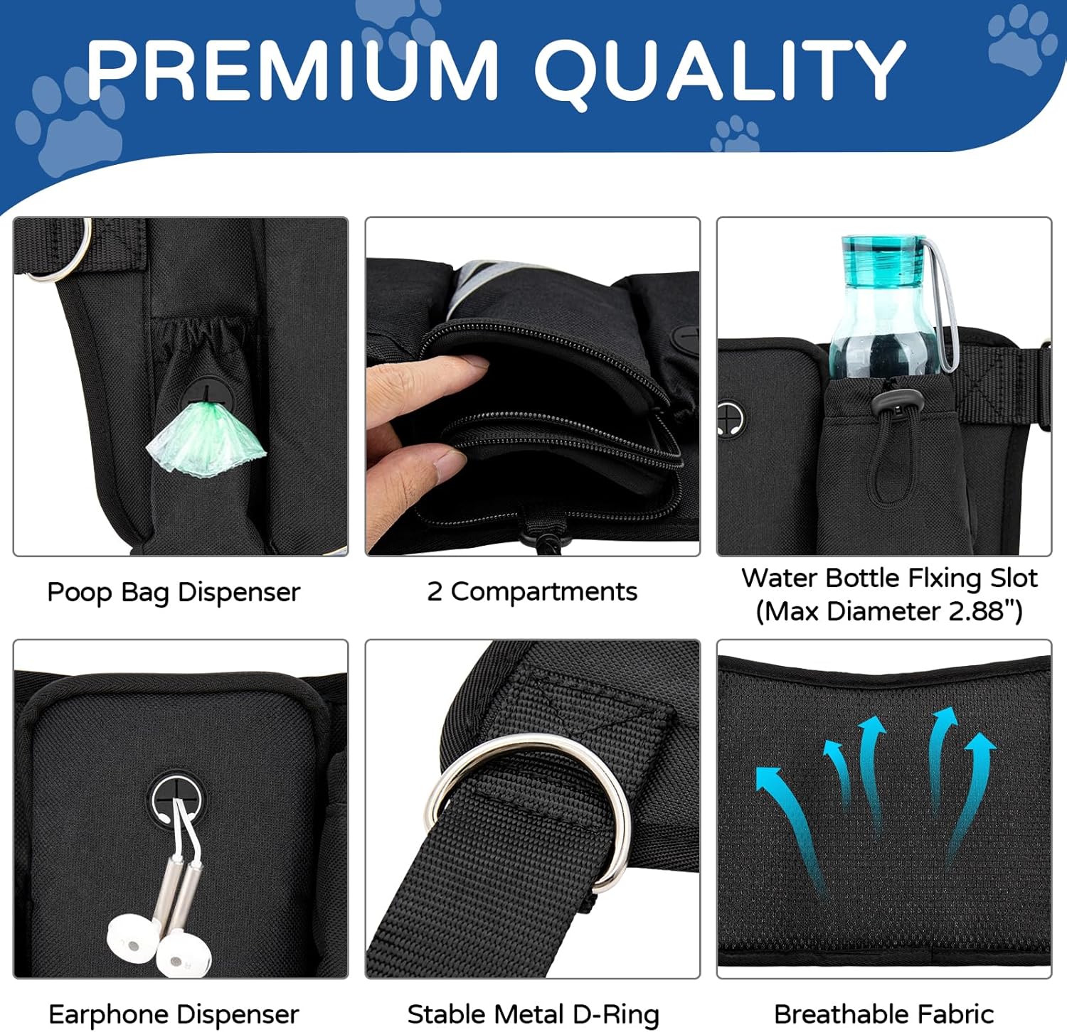 Hands Free Double Dog Leash with Waist Bag for Walking Two Dogs, Shock Absorbing Bungee Leash with Zipper Pouch for Running, Dual Padded Handles & Adjustable Waist Belt