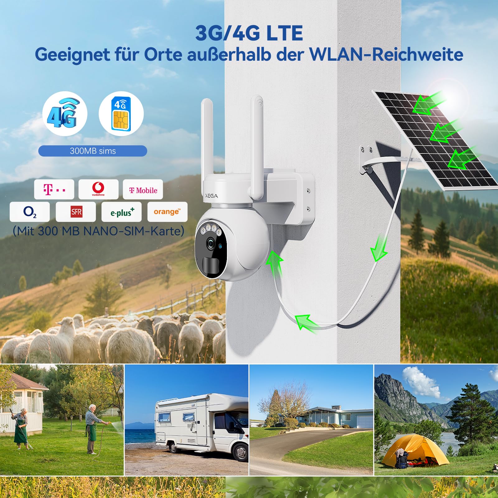 Xega 4G LTE Caméra Surveillance Solaire avec Carte Sim 2K HD Caméra Extérieure sans Fil inclinable à 355°/90° Caméra de Surveillance sans WiFi Vision Nocturne Détection de Mouvement IP66