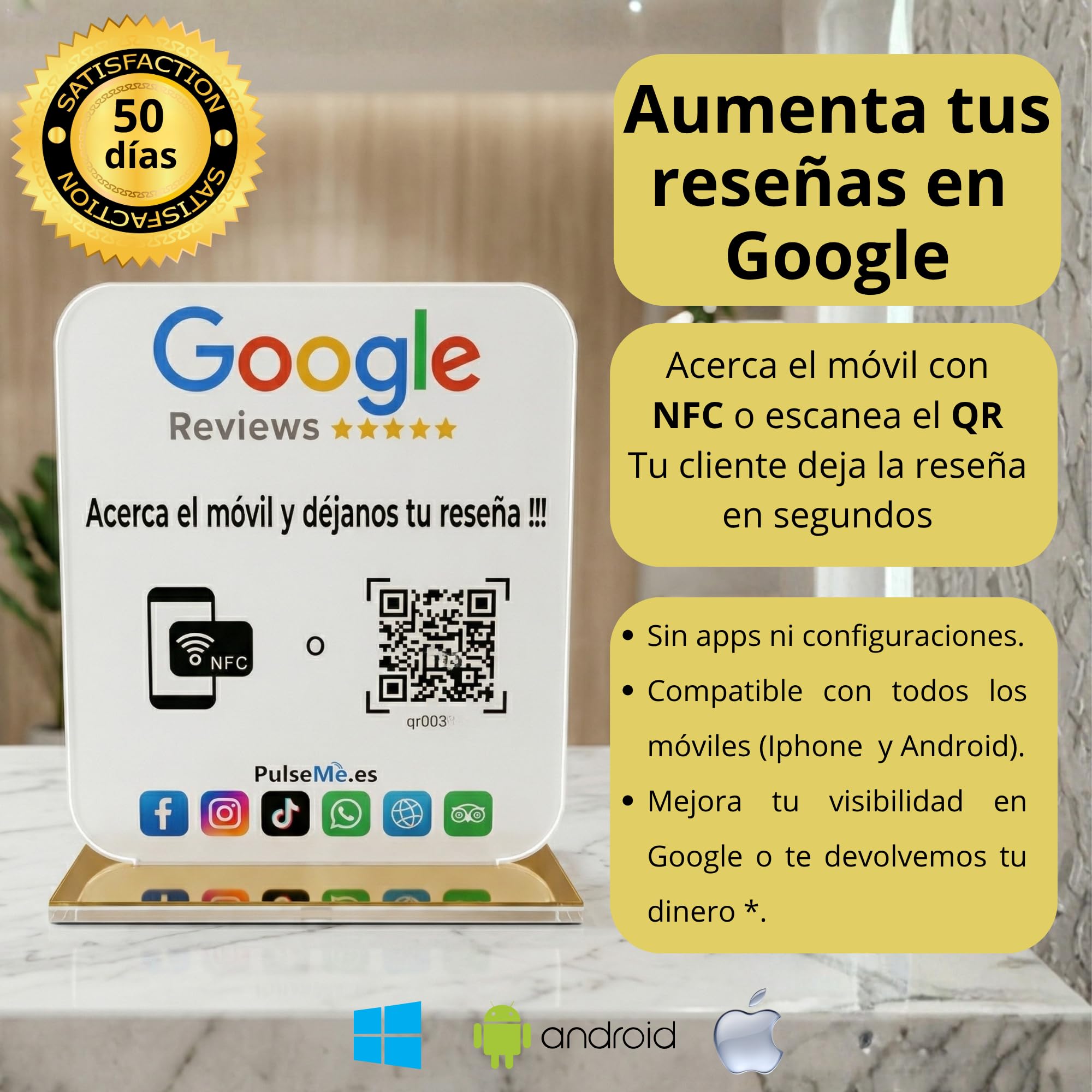 Placa NFC + QR Todo-en-Uno:Conecta tus Redes Sociales y dispara tus Reseñas |Mini Web Incluida|Filtro AntiNegativas|Sin Cuotas|Ideal Hostelería, Comercios (1 Acrilico en Castellano)