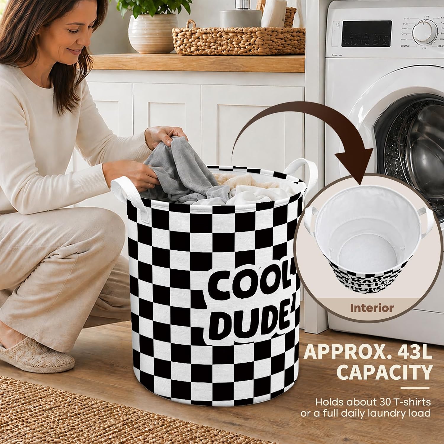 Boy Nursery Checkered Laundry Basket, Rad Little Dude Cool Dude Boys Black and White Checkered Laundry Hamper Waterproof Storage Bin Organizer for Kids Toddler Boys Bathroom Bedroom Clothes image 4