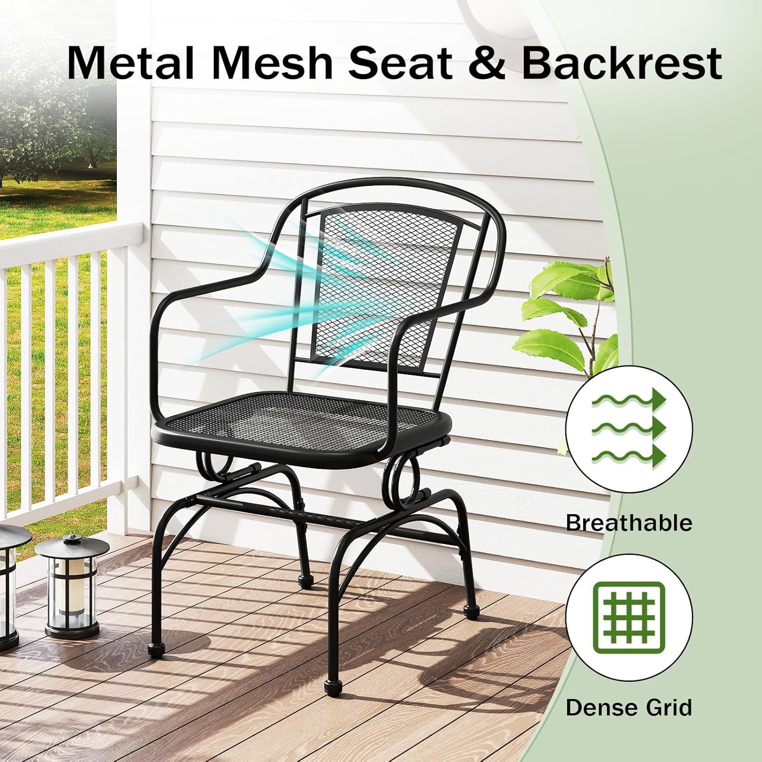 HAPPYGRILL Outdoor Rocking Dining Chair Set, Patio Rocker Chairs with Mesh Backrest & Seat, Armrest, Adjustable Foot Pads, Bistro Seat for Yard, Deck, Balcony (2)