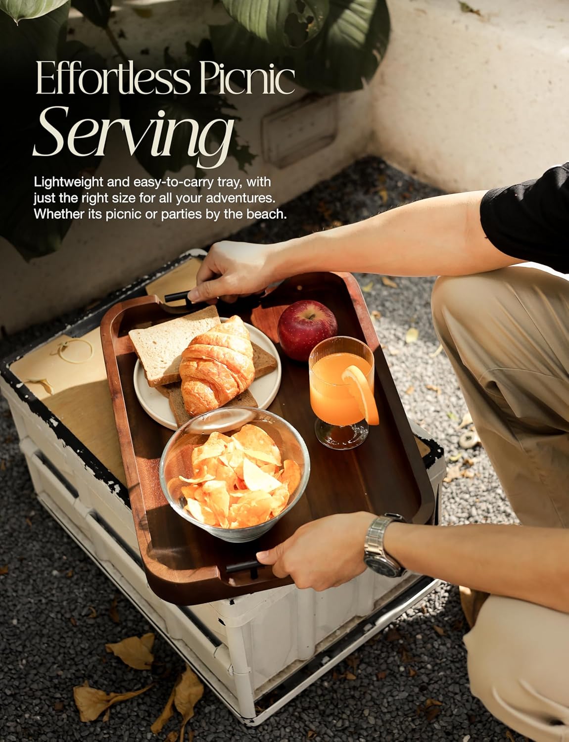 TIDITA Ottoman Tray for Living Room – 17"x13" Rectangle Serving Tray with Handles – Acacia Wooden Tray for Coffee Table, Living Room, Breakfast in Bed – Decorative Trays for Ottoman (Walnut Color)