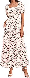 BTFBM Spring Summer Dresses for Women 2026 Puff Short Sleeve Smocked Floral Print Boho Beach Wedding Guest Maxi Dress