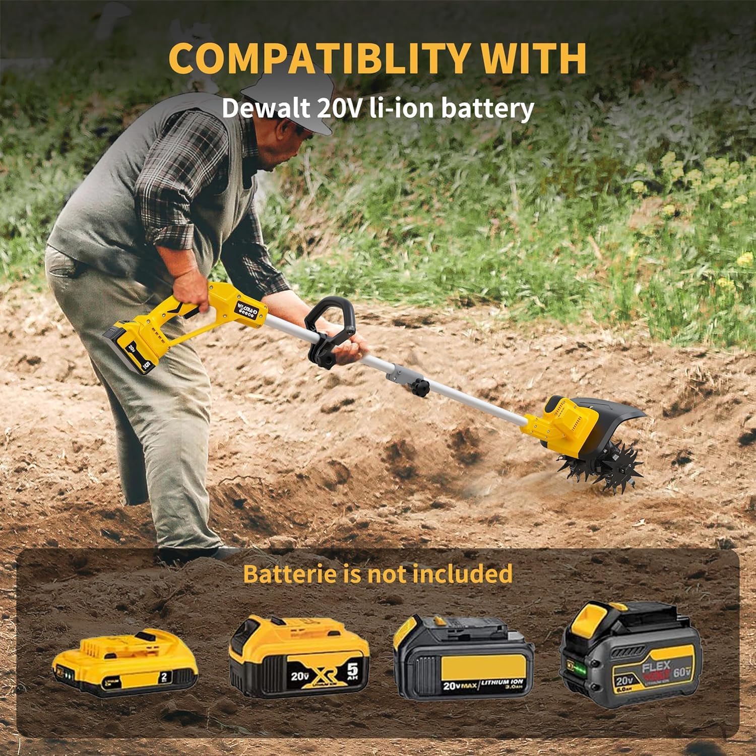 Cordless Tiller Cultivator Compatible with Dewalt 20V Battery(Tool Only), Electric Garden Tiller w/360 RPM, 9In Tilling Width and 6.6In Depth Garden Rototiller for Lawn/Soil Cultivation