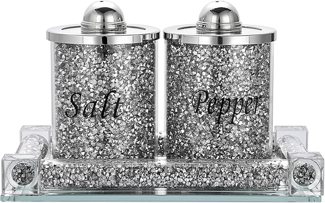 BTSKY Set of 3 Salt and Pepper Shakers with Tray - Glass Crystal Crushed Diamonds Salt & Pepper Canister Storage Jar, Cooking Seasoning Jar, Kitchen Accessories