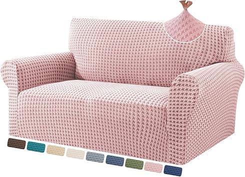 ZNSAYOTX 1 Piece Stretch Loveseat Cover 55"-71" New-Houndstooth Texture, Thick Sofa Covers for 2 Cushion Couch Universal Sofa Slip Cover with Elastic Bottom & Buckle, Soft Protector Dusty Pink
