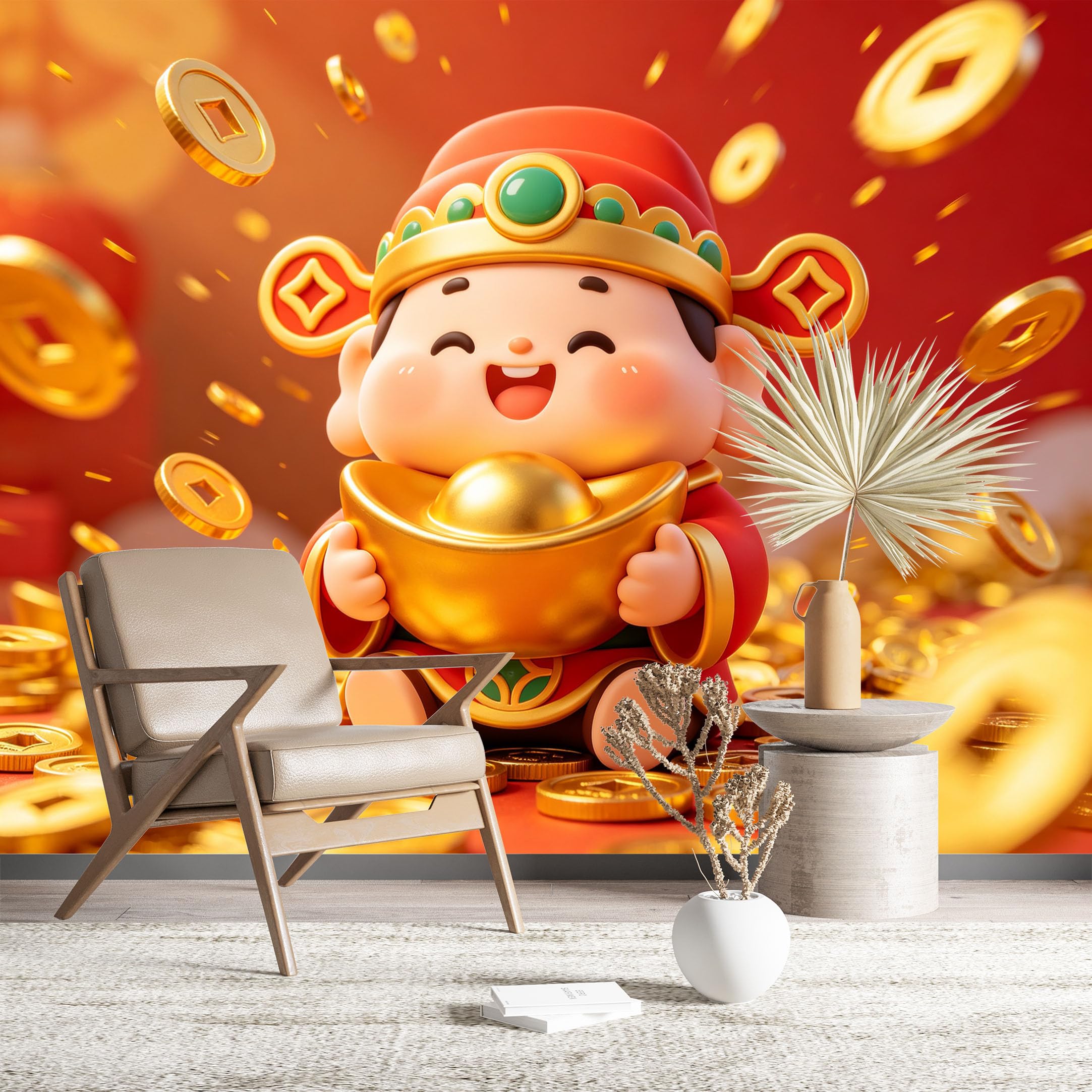 Custom Size Wall Murals Cute God of Wealth with Gold Coins Large Photo Wallpaper Self-Adhesive Wall Fabric (NO PVC) Removable Wallpaper for Living Room Bedroom