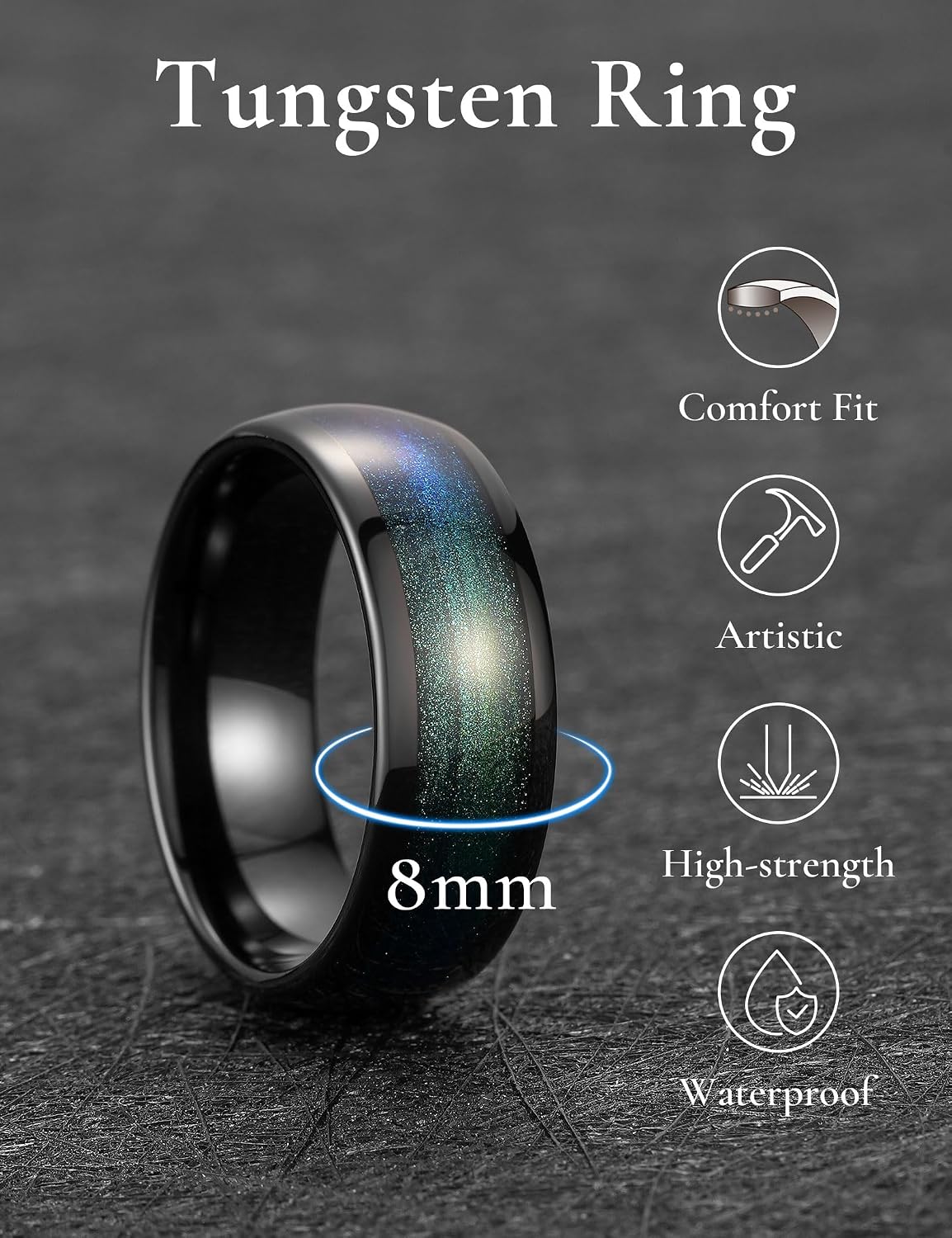 King Will Tungsten Carbide Rings For Men, 8mm Wedding Band Inlay Flow sand/Green Grass Agate, Dome High Polished - Suitable For Daily Wear, Comfort Fit Size 7-14