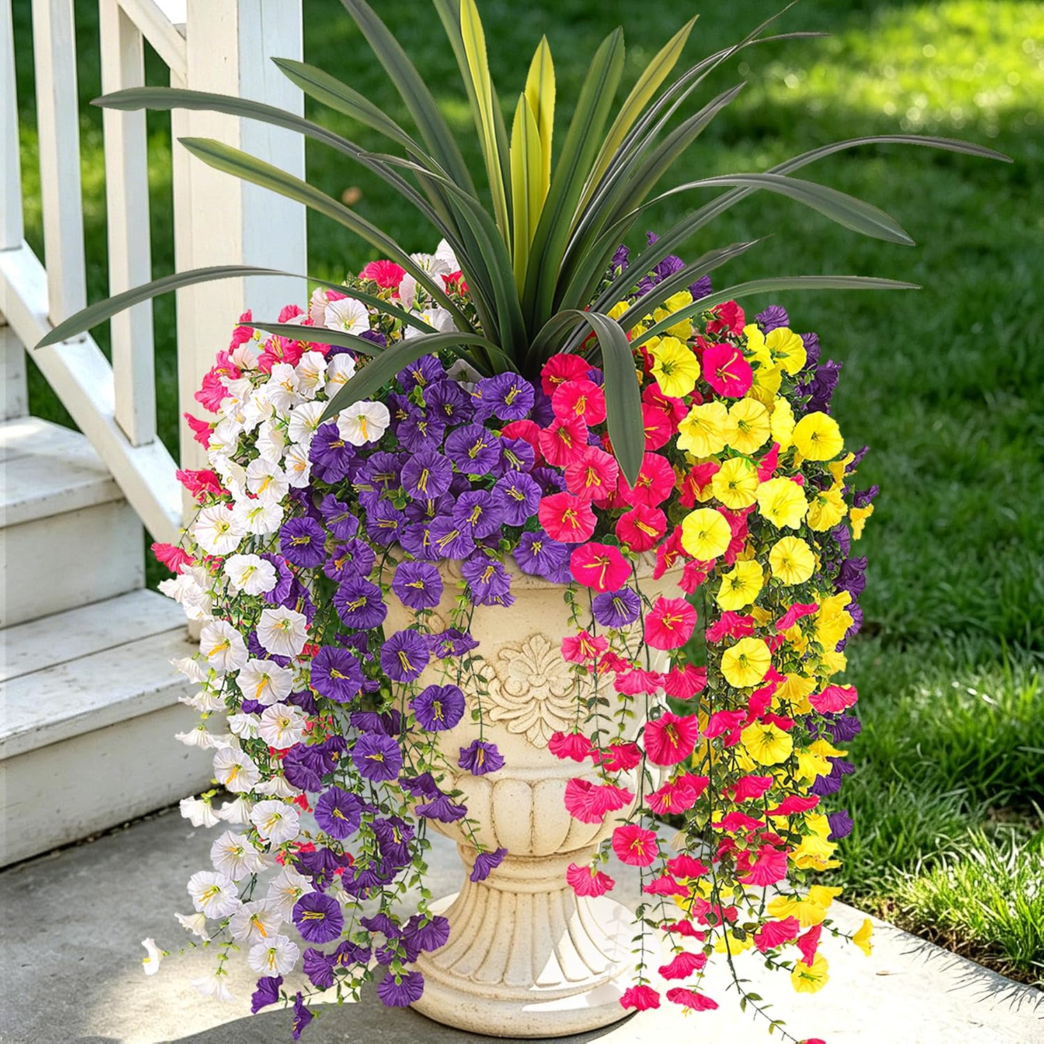 8 Bundles Fake Artificial Morning Glory Flowers for Outdoors, 1 Bundles Faux Greenery Plants UV Resistant Weatherproof for Indoor Outdoor Garden Patio Window Box Home Decor