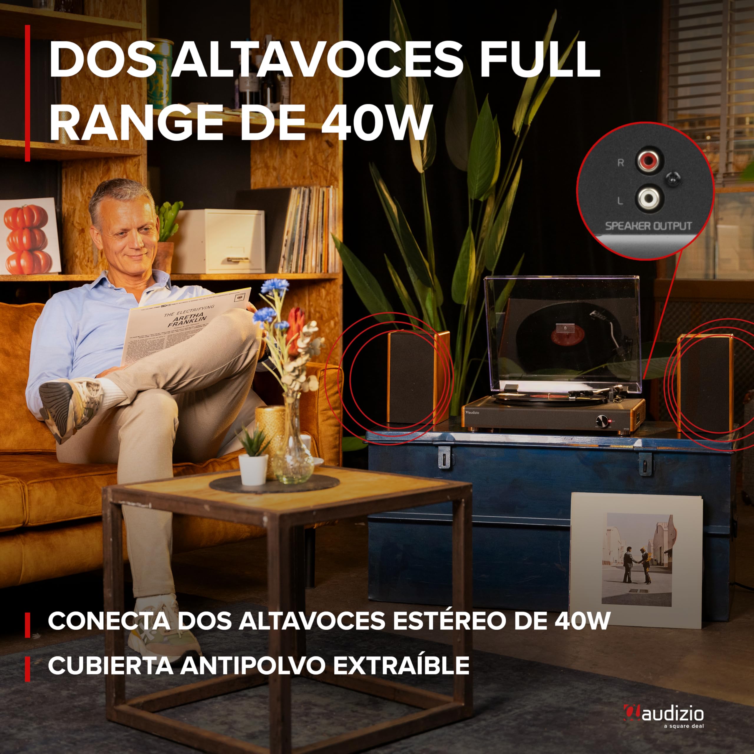 Audizio RP335 Tocadiscos de Estilo Retro con Altavoces estéreo de 40W, tracción a Correa y 3 velocidades, Reproductor de Vinilo con conversor de USB a MP3, Receptor Bluetooth, Acabado Estilo Madera