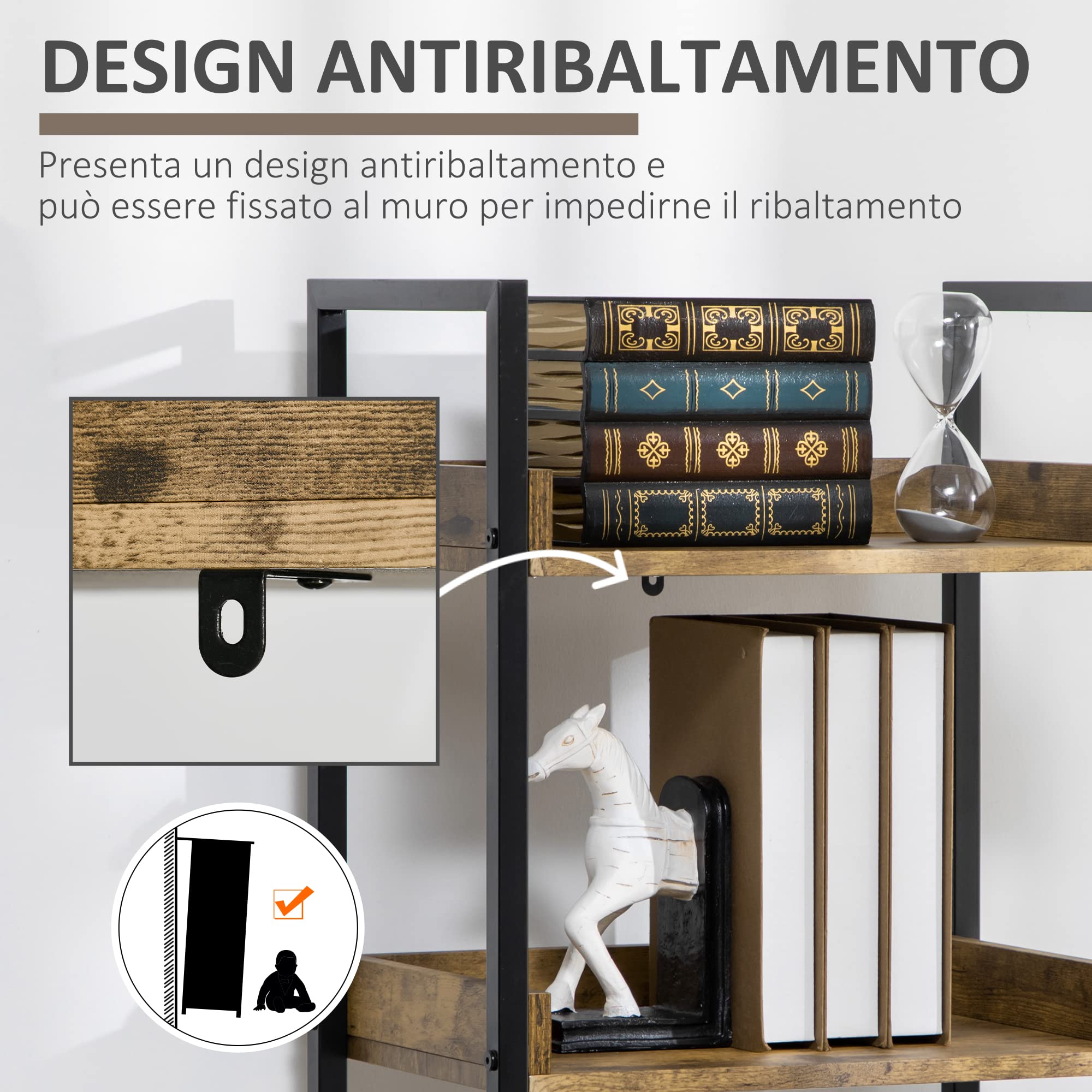 HOMCOM Libreria Stile Industriale a 5 Ripiani, Mobile Libreria in Legno e Metallo per Casa e Ufficio, 48x30x155cm, Marrone Rustico