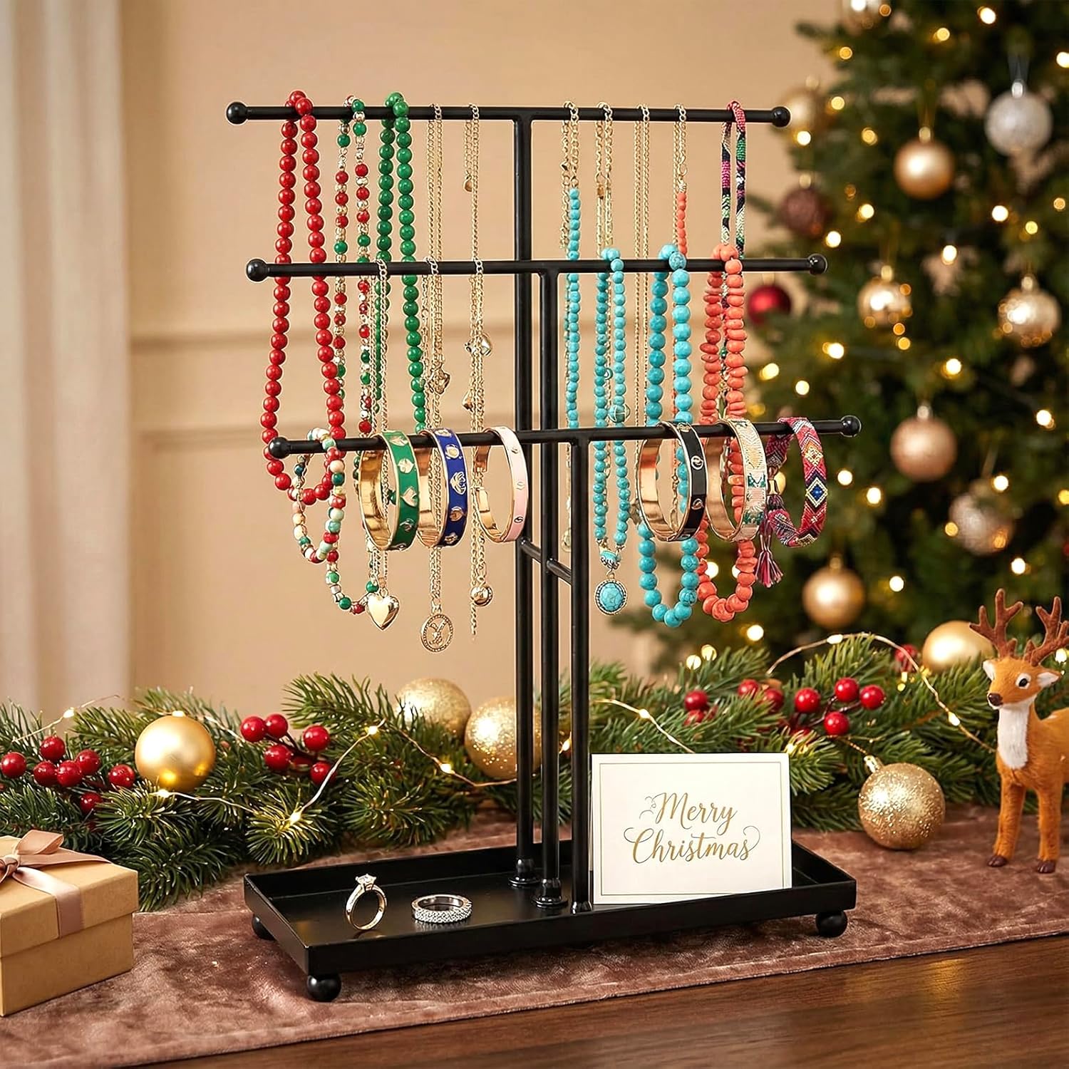 MyGift Modern Jewelry Organizer, 3 Tier Black Metal Tabletop Bracelet and Necklace Jewelry Storage Display Tree Rack with Base Ring Tray